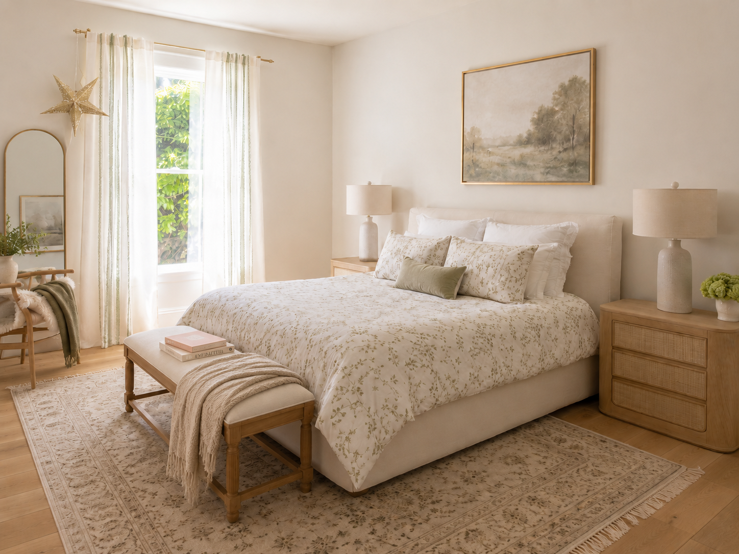 Bedroom by Linda McDermott of McDermott Interiors, Portland, OR. A cozy, inviting bedroom featuring layered neutral bedding, warm wood furnishings, soft natural light, and thoughtfully curated décor.