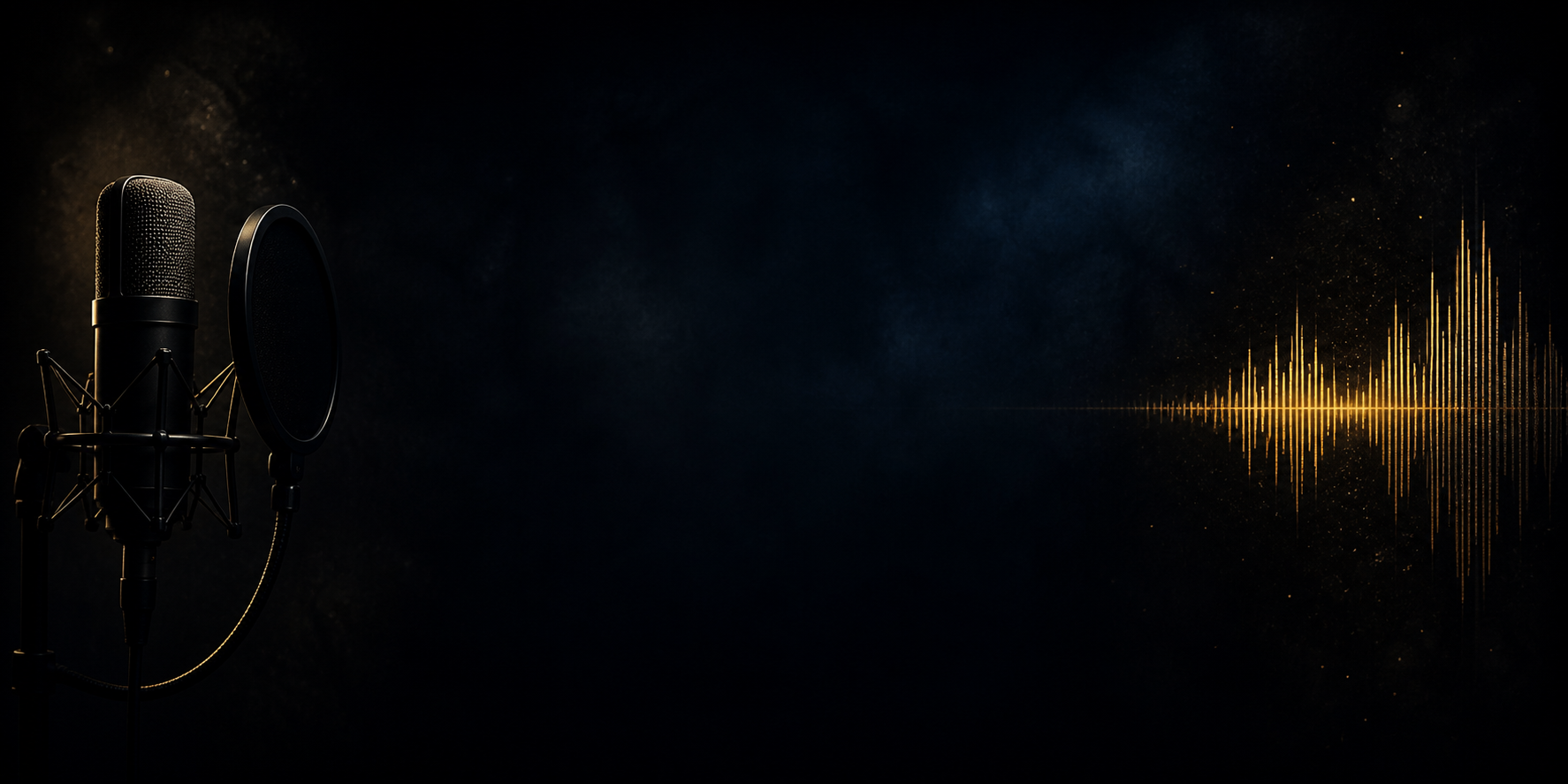 A professional microphone with a pop filter on a stand, with sound wave graphics in gold on a dark background.