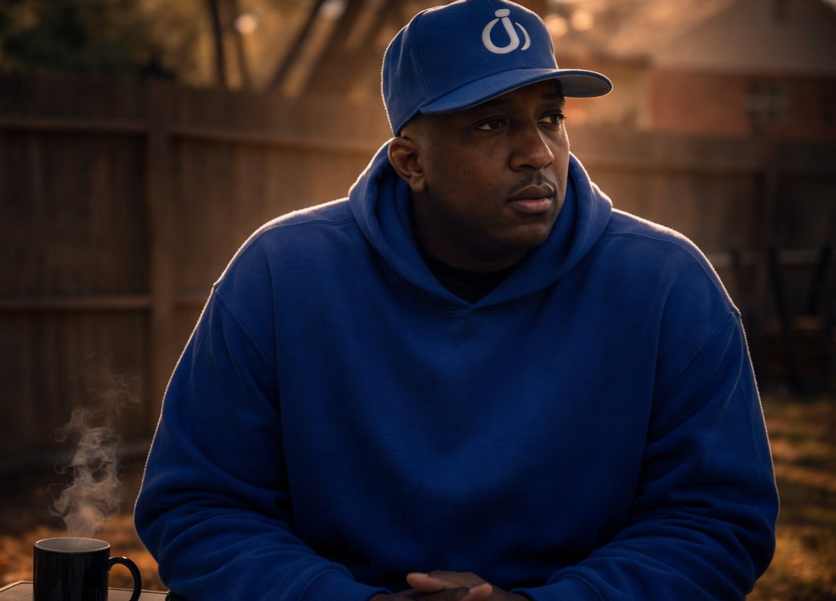 A man in a blue hoodie and matching blue cap sitting outside at sunset, with a steaming cup of coffee nearby.
