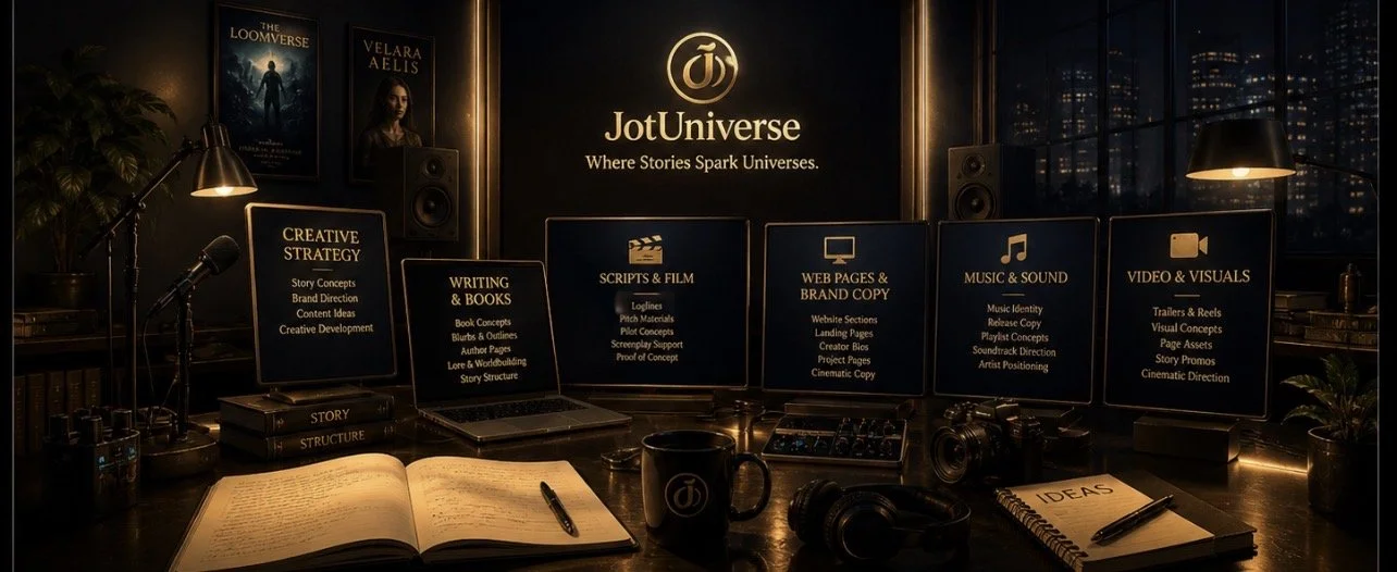Dark office or studio with JotUniverse branding, various screens listing storytelling categories like creative strategy, script writing, web pages, music, video, and visual concepts, books, camera, headphones, notebook, and coffee mug on a wooden desk.
