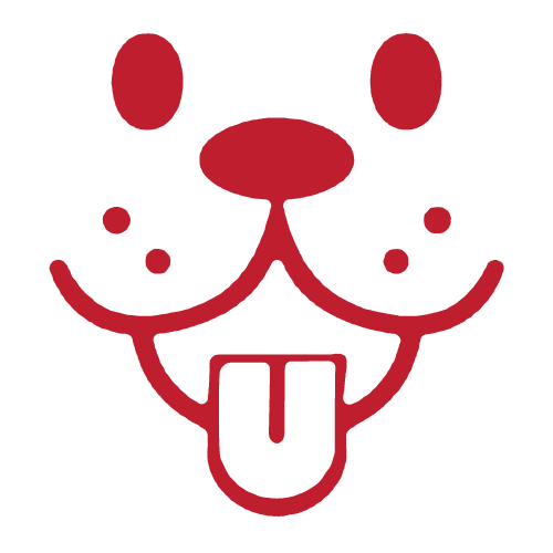 A red, stylized drawing of a smiling cat face with its tongue sticking out.