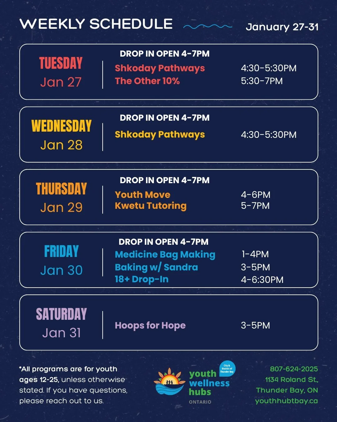 Update: Our drop in will be closed 1:00-4PM: Tuesday-Friday, starting Tuesday January 27th. Counselling, peer support &amp; care navigation services, and programming (medicine bag making and baking) will still be available during these times.

Remind