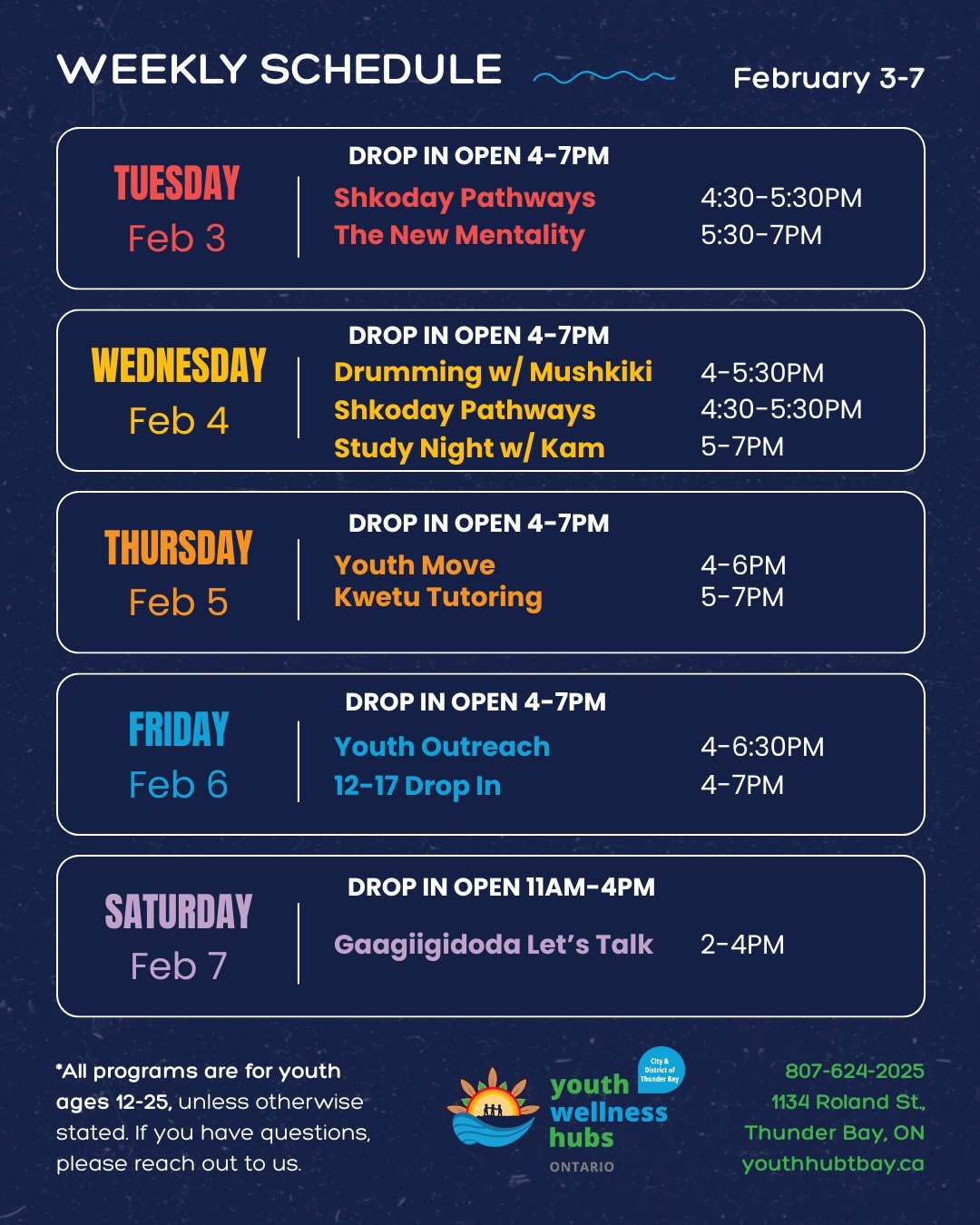 💘 Kicking off February with self-care vibes and meaningful moments at the City &amp; District of Thunder Bay Youth Wellness Hub!

Update: Our drop in will be closed 1-4PM: Tues-Fri and replaced by Quiet Hours + Independent Study. Counselling, peer s