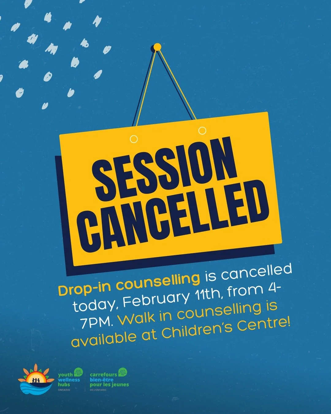 Attention!

Drop in counselling is cancelled February 11th from 4-7PM. There is walk in counselling available at the Children's Centre at 283 Lisgar St. between 12:00 pm and 6:30 pm. Call (807) 700-0090 to access phone, video or in-person sessions.