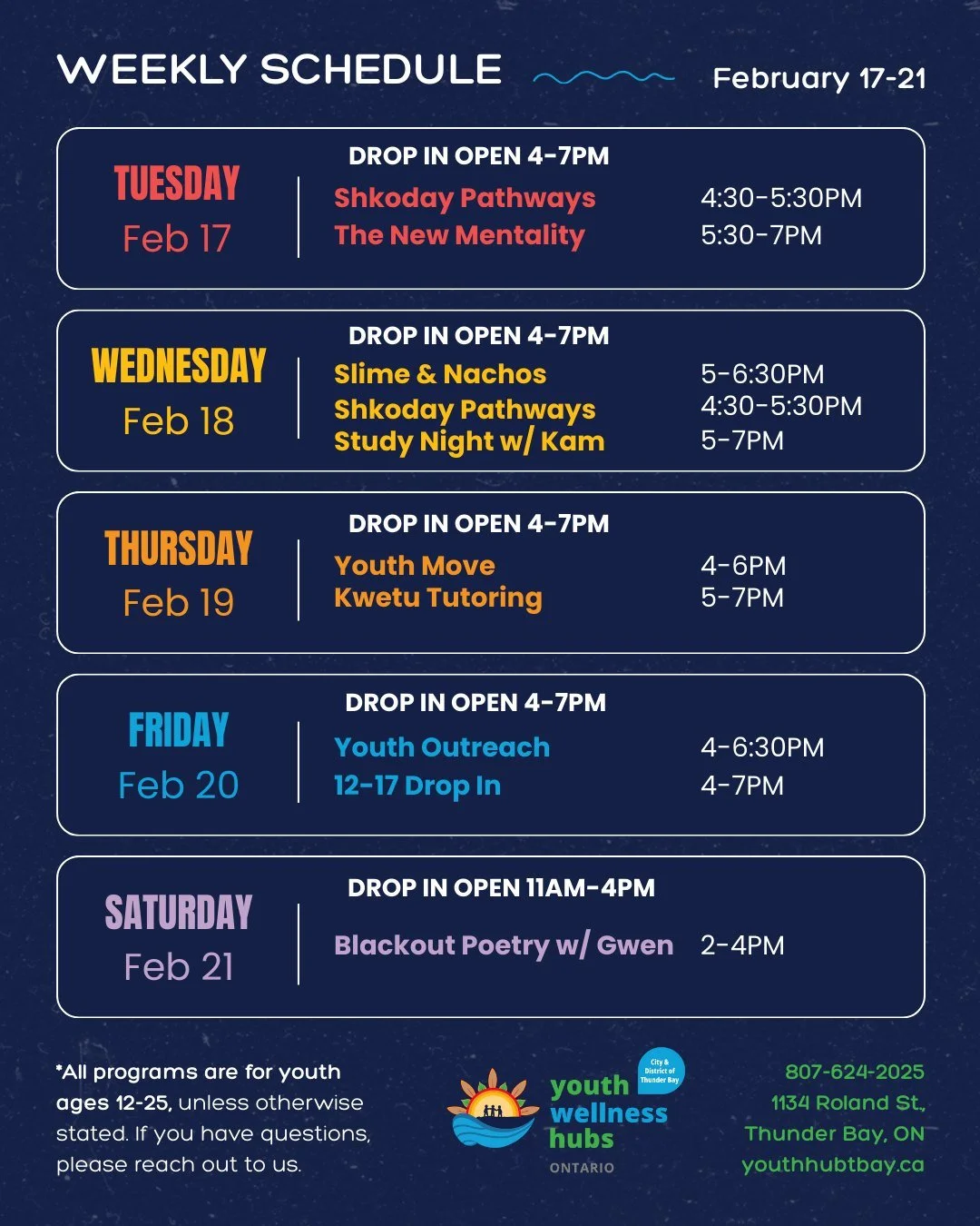 New week, new chances to connect, create, and recharge 💛
Take a look at what&rsquo;s happening and join us!

Reminder:
✨ Our drop in will be closed 1-4PM - Tues-Fri and replaced by Quiet Hours + Independent Study. Counselling, peer support, care nav