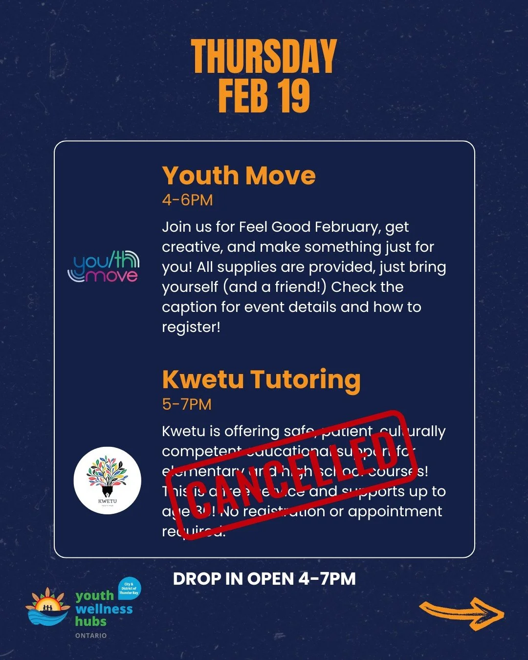 UPDATE: Kwetu Tutoring is cancelled today, Thursday February 19th, due to weather. We will have counselling available from 4-7PM, and Youth Move will still be happening!

For any questions, please call (807) 624-2025, or message us on Facebook/Instag