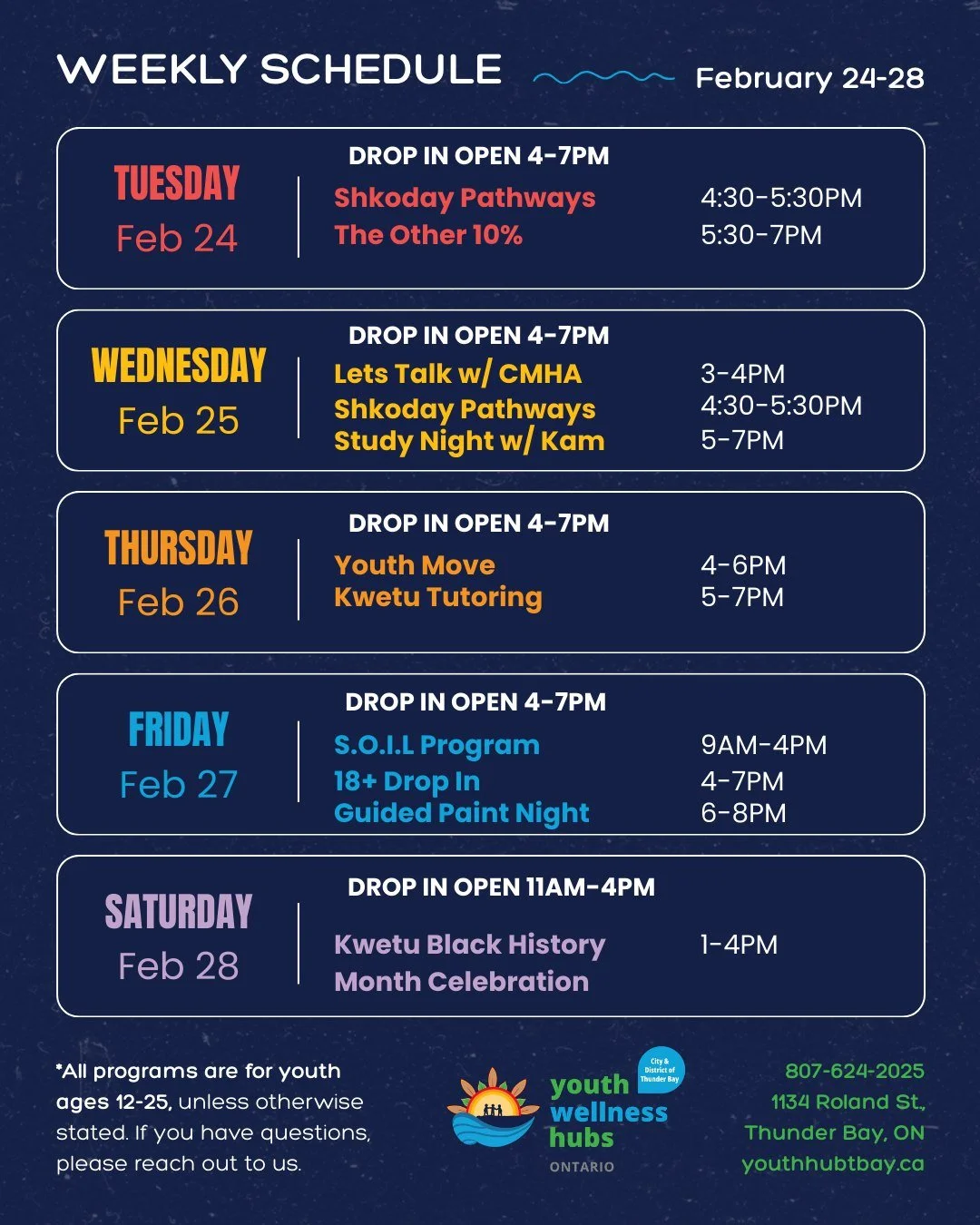 We're wrapping up February with a few of our favourite weekly happenings and some special  events, including Kwetu's Black History Month Celebration! Swipe for more details 🙌

Reminder:
✨ Our drop in will be closed 1-4PM - Tues-Fri and replaced by Q