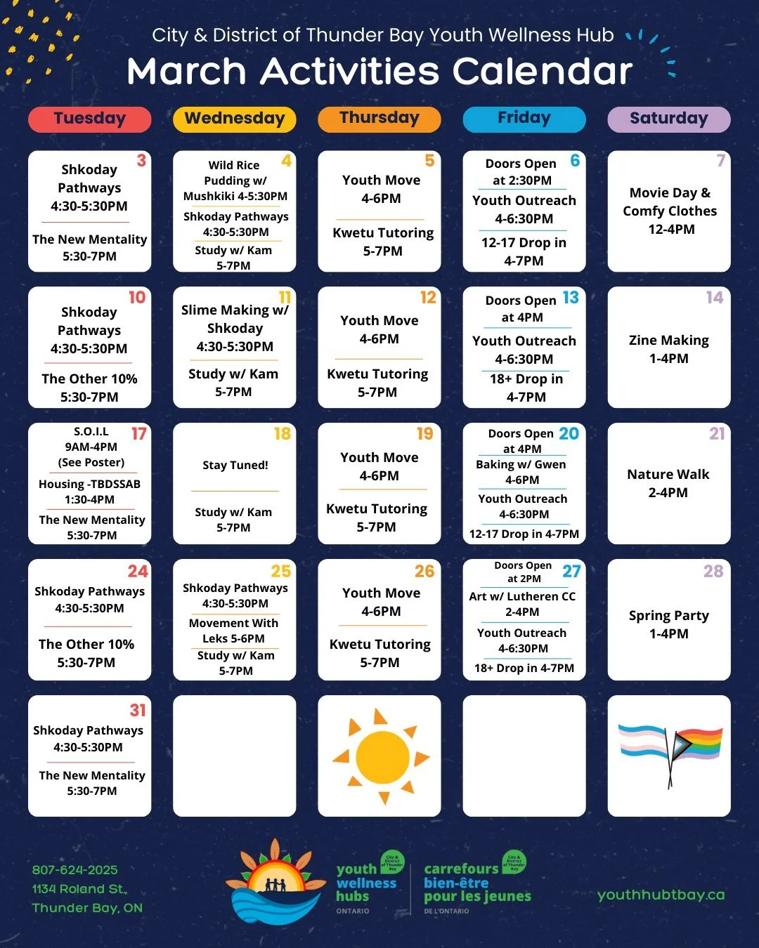 Hello March! Fresh energy and new beginnings at the City &amp; District of Thunder Bay Youth Wellness Hub. Join us as we build connection, confidence, and community together 🌱✨

Please note: our doors will be opening later on Fridays this month due 