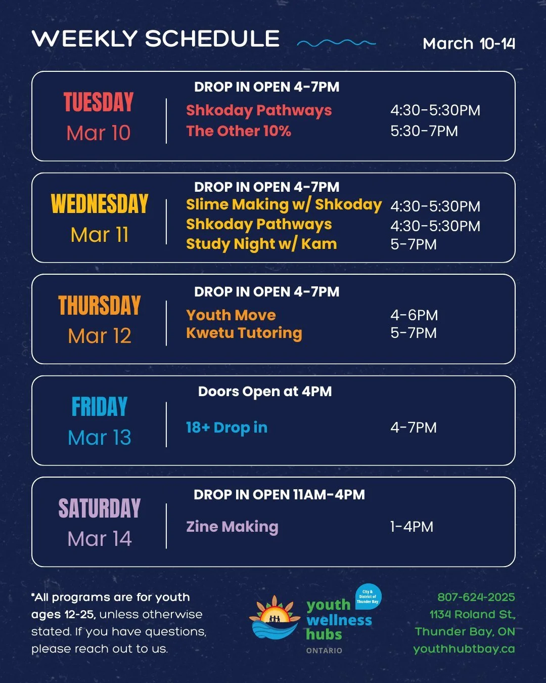 ✨ March momentum continues! Join us for another week of activities, connection, and community at the City &amp; District of Thunder Bay Youth Wellness Hub.

Update: Our doors will be opening later on Friday March 13th at 4PM due to staff training. As