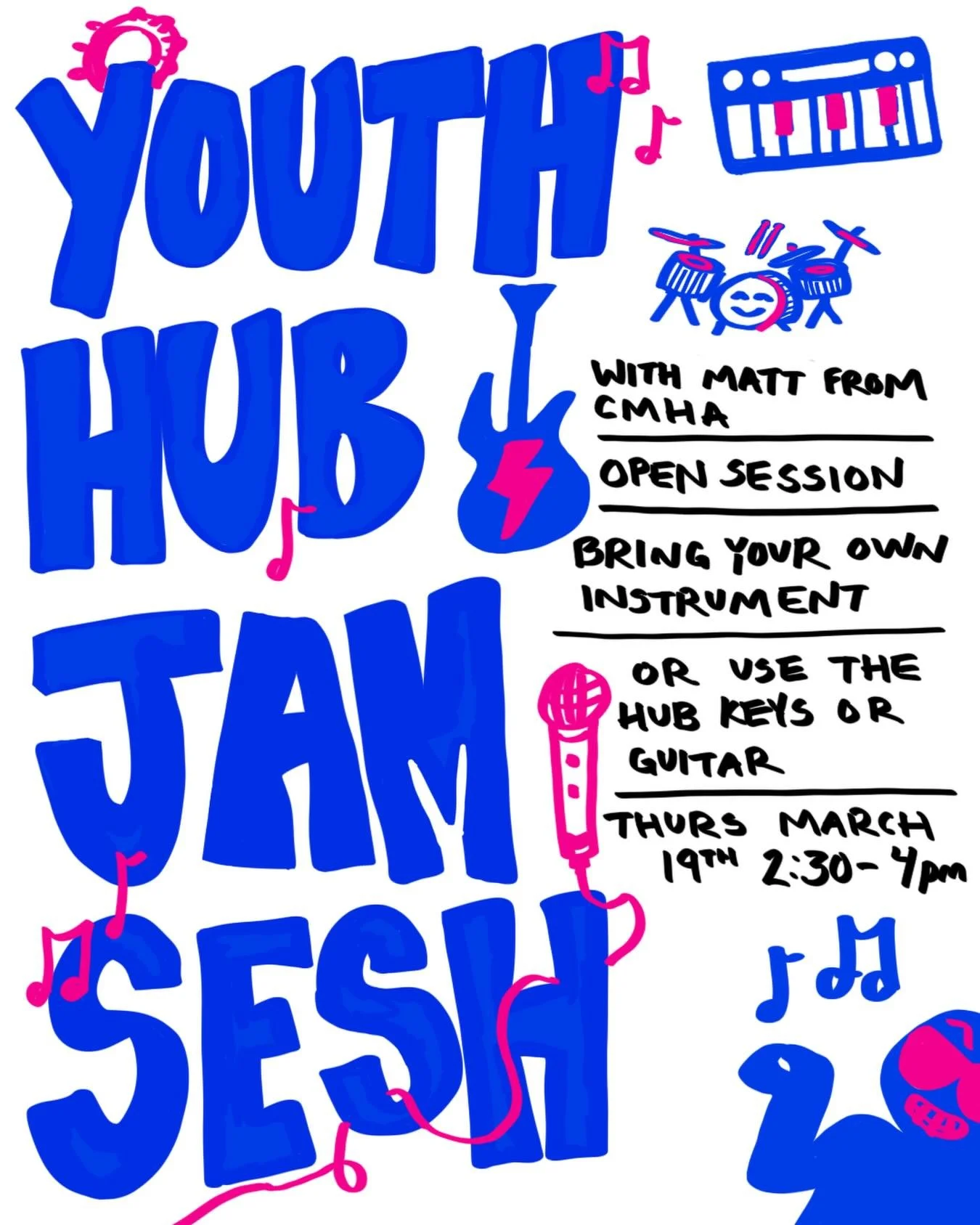 🎸🥁🎶🎧🎻🪕 THIS Thursday join us for an open jam sesh facilitated by Matt from CMHA, you&rsquo;ve probably seen him around the hub before playing bass and facilitating learning sessions about mental health. 

This is an open jam, meaning anyone can