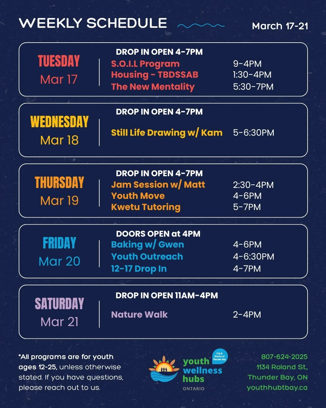 💫 Another great week ahead this March! Come by the City &amp; District of Thunder Bay Youth Wellness Hub for more activities, connection, and community!

Update: Our doors will be opening later on Friday March 20th at 4PM due to staff training. As u