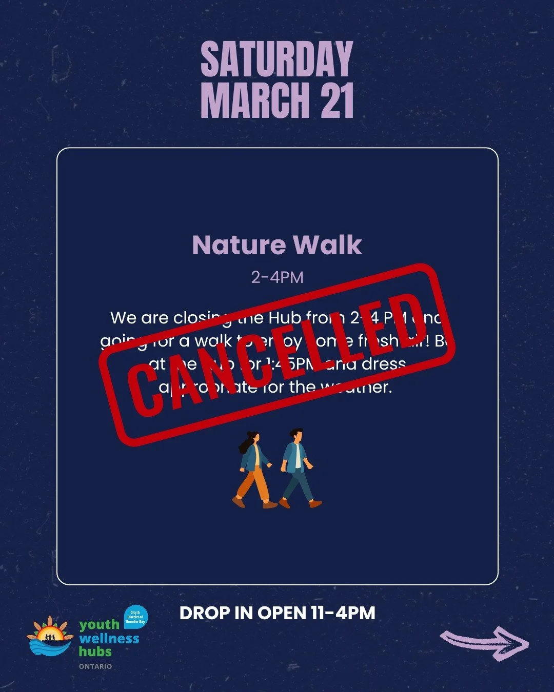 UPDATE: Nature Walk is cancelled today, Saturday March 21st, due to weather. Our drop in will be open from 11AM - 4PM and our Nurse Practitioner will be taking walk-in appointments from 11AM - 3:30PM. Stay tuned for any further updates.

For any ques