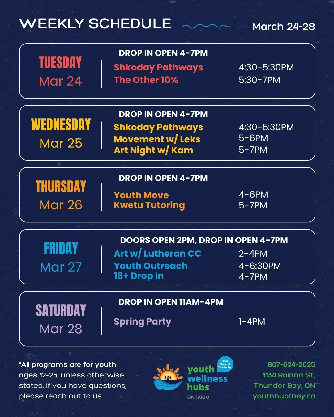 🌱Last week of March and lots to look forward to! Join us at the City &amp; District of Thunder Bay Youth Wellness Hub for more ways to connect, engage, and build community.

Update: Our doors will be opening later on Friday March 27th at 2PM due to 