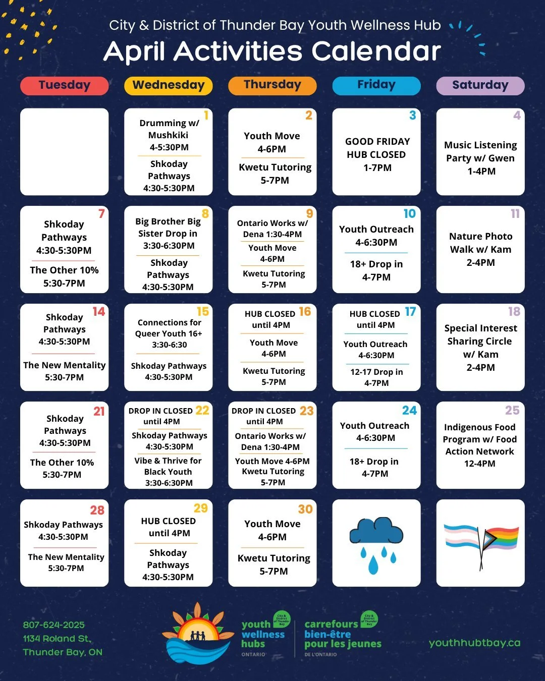 April is here! A new month brings fresh energy, brighter days, and space to grow at the City &amp; District of Thunder Bay Youth Wellness Hub. Come connect, build confidence, and be part of a supportive community all month long 🌧️🌸

Please note: ou