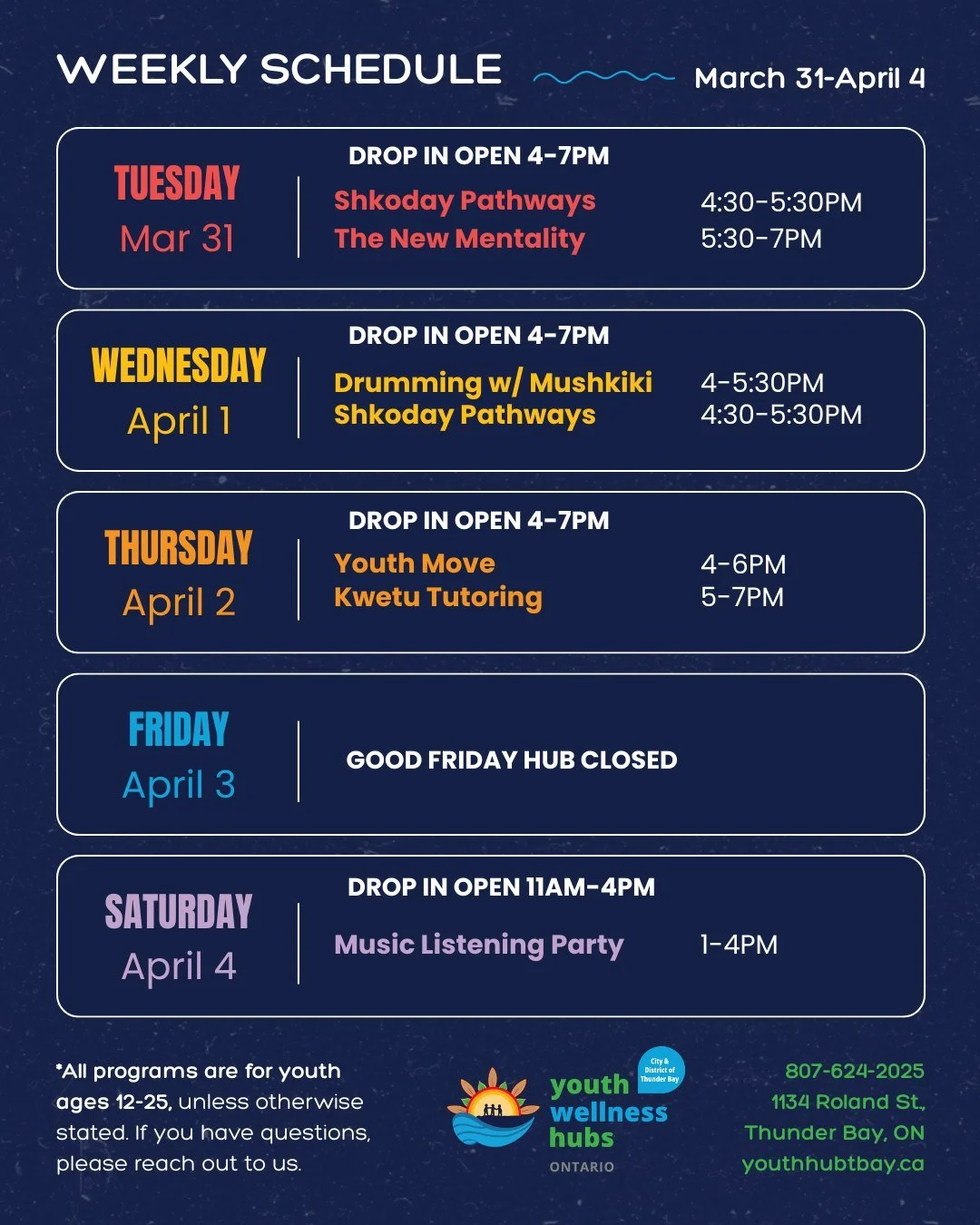 🌷 Kicking off April with lots to look forward to! Join us at the City &amp; District of Thunder Bay Youth Wellness Hub for more ways to connect, engage, and build community this spring.

Update: We will be closed on Friday April 3rd for Good Friday.