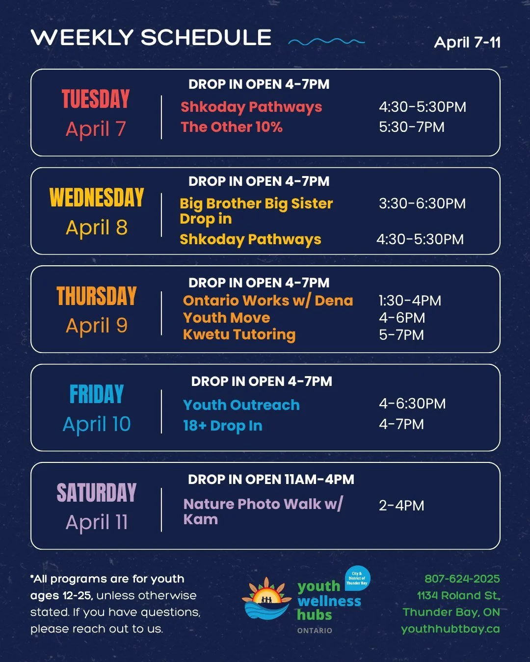 🌱 The second week of April has arrived, and there&rsquo;s so much to get excited about! Come join us at the City &amp; District of Thunder Bay Youth Wellness Hub for fun ways to connect, get involved, and build community.

Update: As usual, our drop
