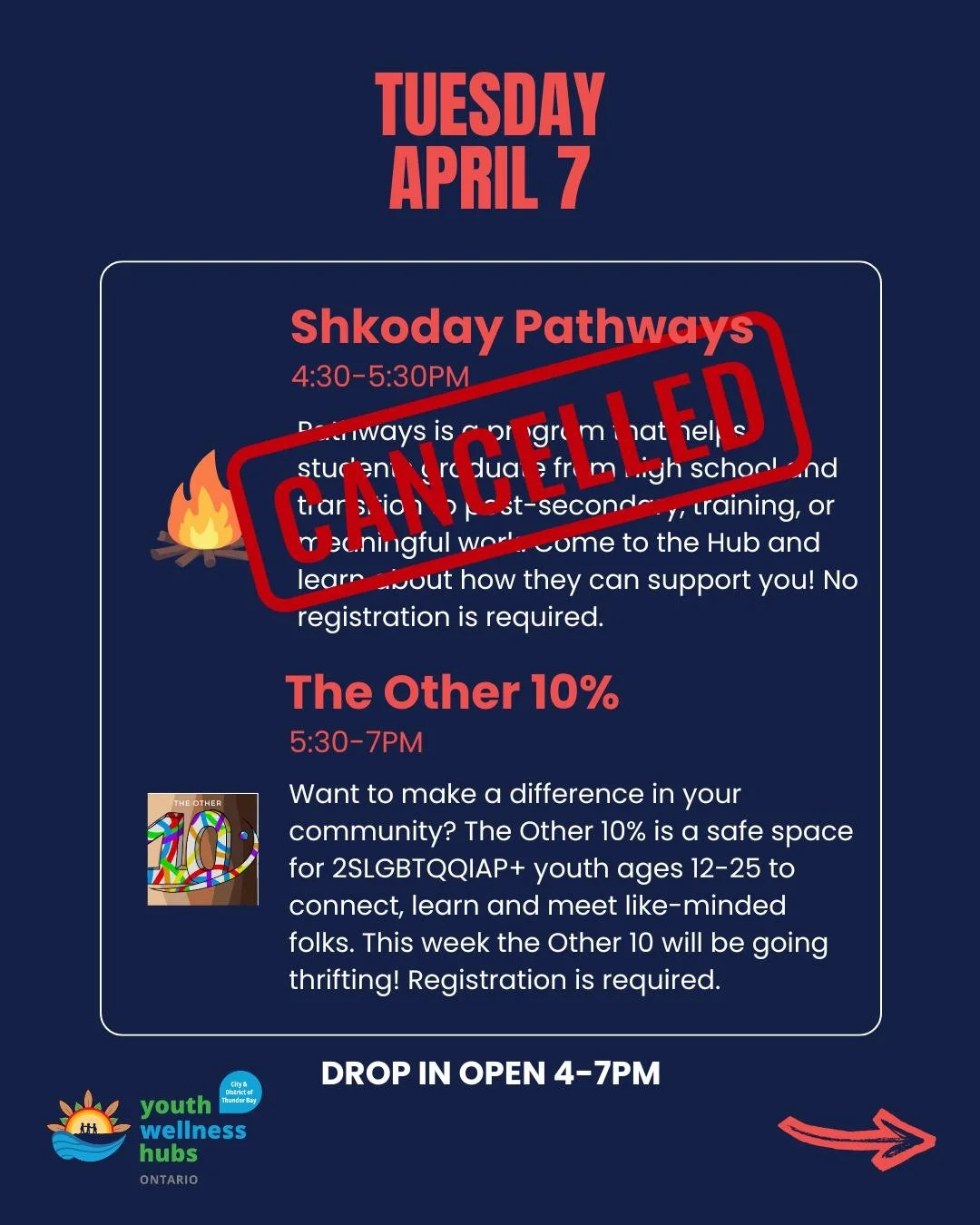 UPDATE: Shkoday Pathways is cancelled today, Tuesday April 7th. We will have counselling and our nurse practitioner available from 4-7PM, and the Other 10% will still be happening.

For any questions, please call (807) 624-2025, or message us on Face