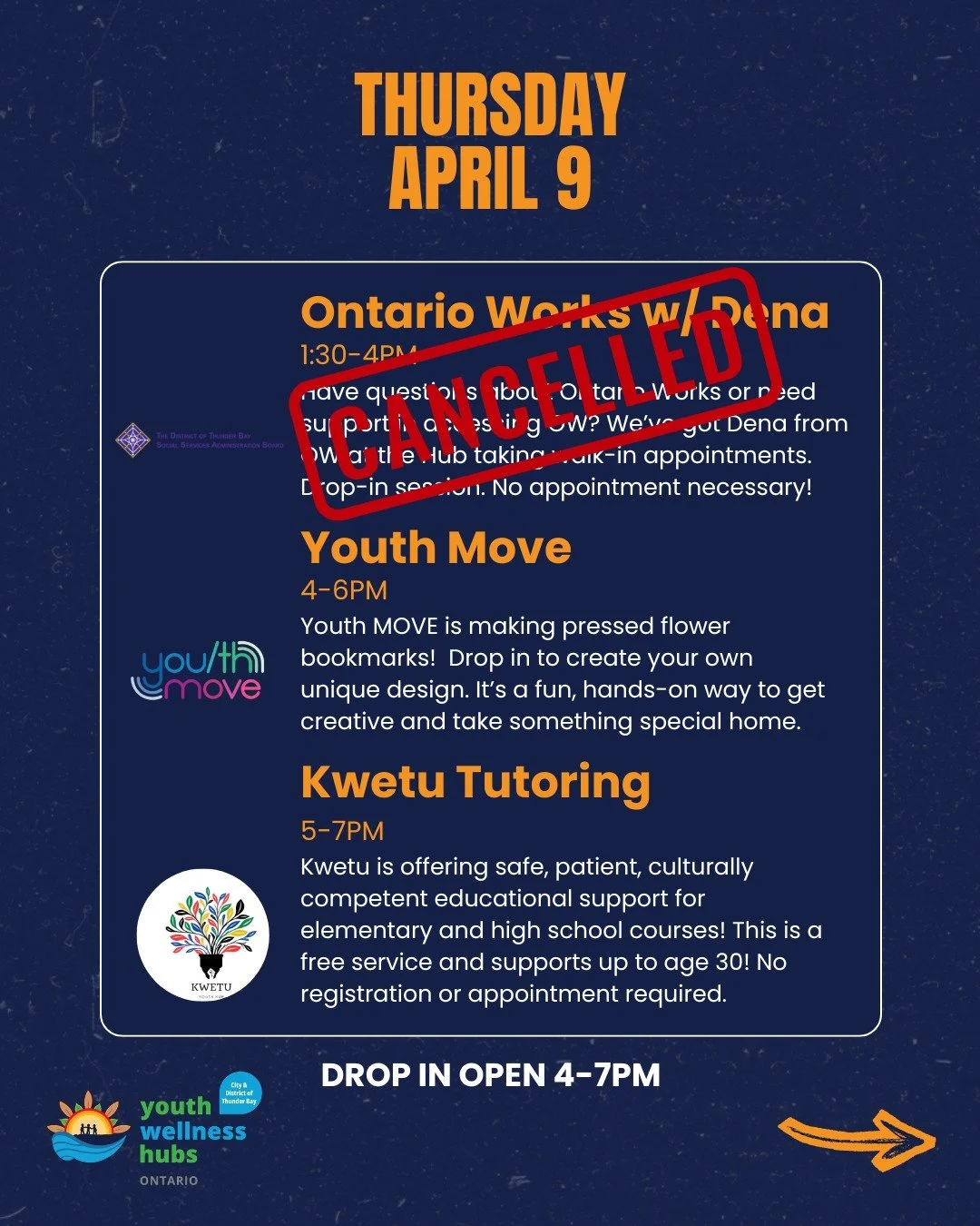 UPDATE: Ontario Works w/ Dena is cancelled today, Thursday April 9th. Apologies for any inconvenience. We will have counselling and our nurse practitioner available from 4-7PM, and Youth Move and Kwetu will still be happening.

For any questions, ple