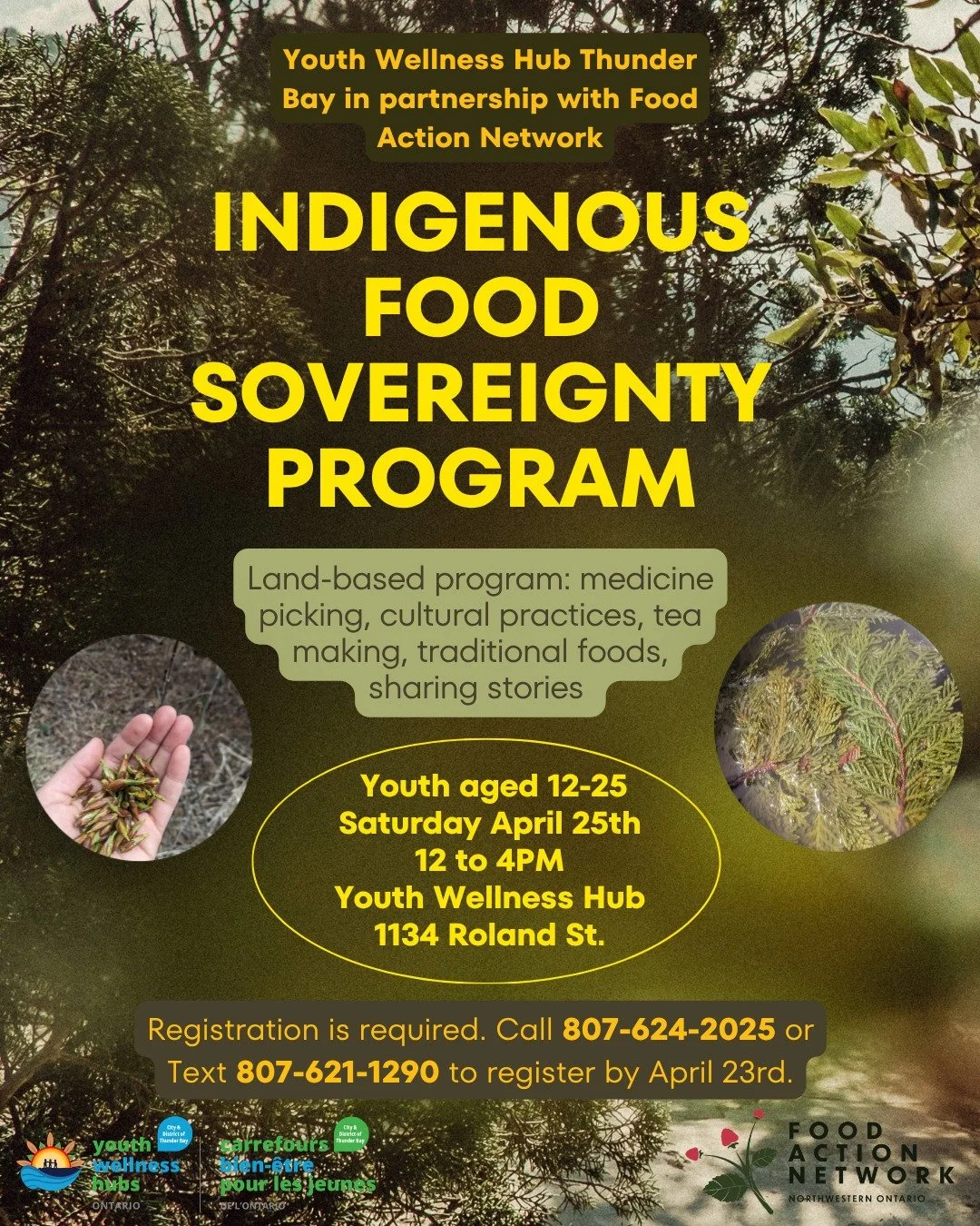 We're teaming up with Food Action Network for an exciting opportunity for youth to connect with the land, learn about cultural practices, and share traditional foods and medicines! 

Join us on Saturday, April 25th from 12 to 4PM. We will meet at 113
