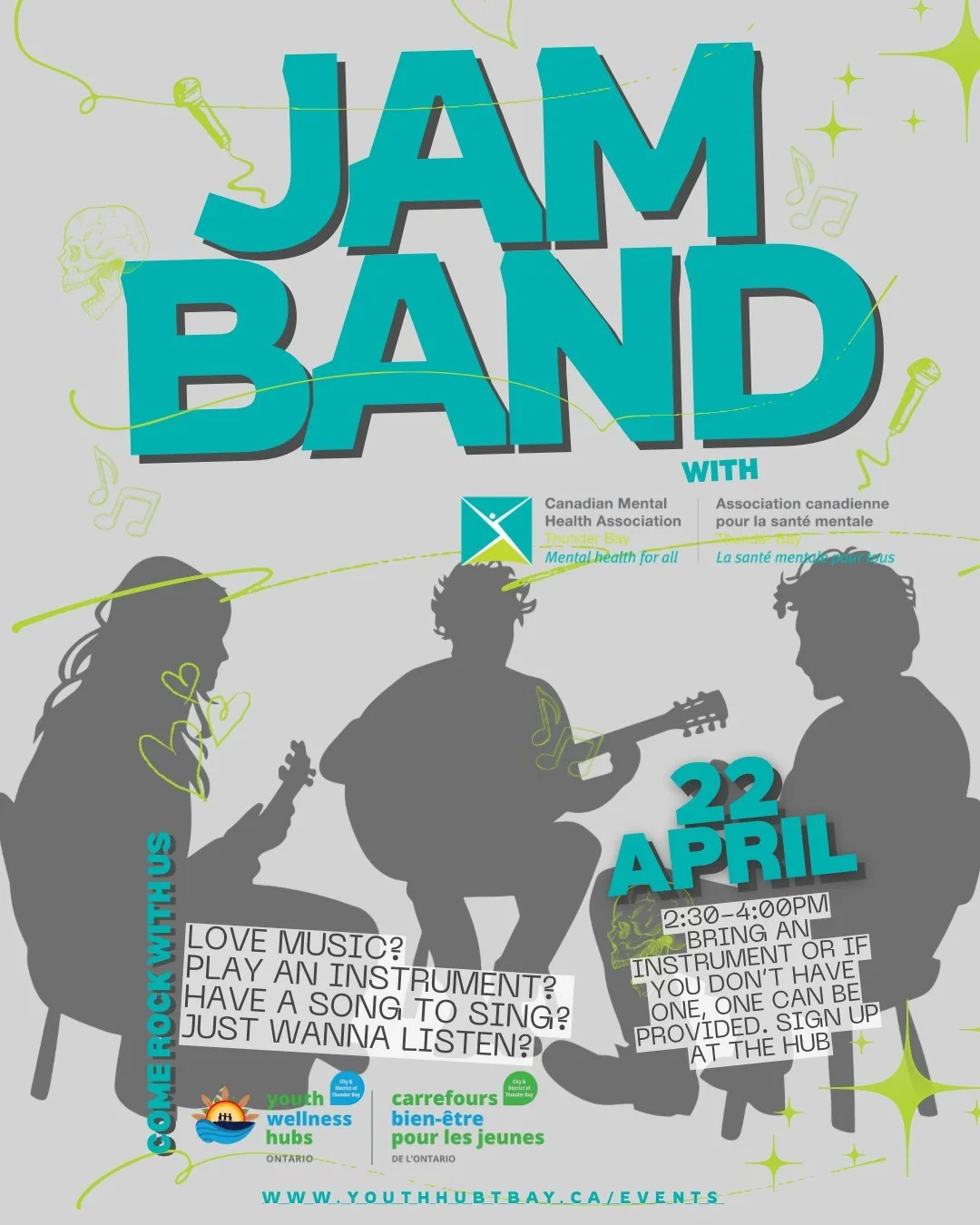 🎸🥁🎶🎻🪕 Join us for our second open jam sesh on Wednesday April 22nd from 2:30 to 4PM at the Youth Hub (1134 Roland St)! Facilitated by Matt from @cmha_tbay , you&rsquo;ve probably seen him around the Hub before playing bass and facilitating learn