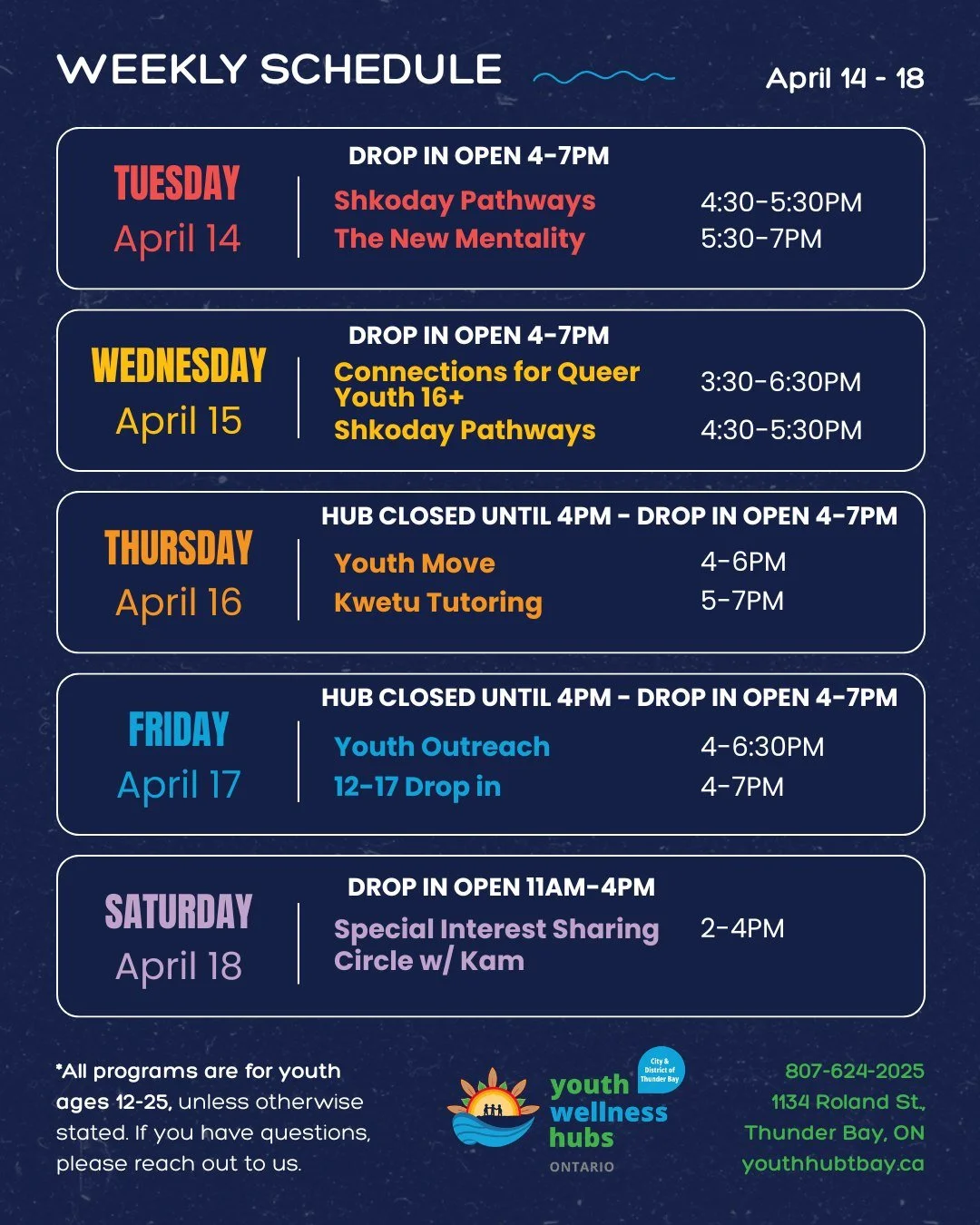 We&rsquo;ve got a full week of support and connection lined up 🌱
Swipe to see what we&rsquo;ve planned and come spend some time with us!

Update: The Hub will be closed until 4PM for staff development on the following days:
📅Thursday April 16 - Dro