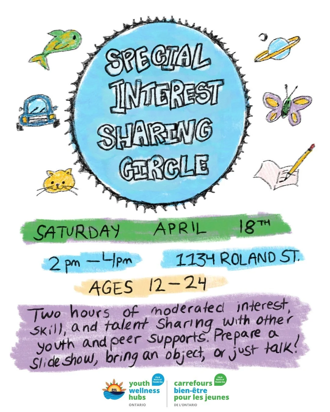 Join us this Saturday April 18th from 2-4PM for our Special Interest Sharing Circle with Kam one of our awesome peer support workers! This is a welcoming space for youth to come together, share their interests, passions, or hobbies, and connect with 