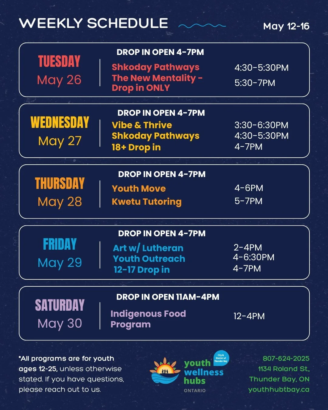 New week, new energy and opportunities to connect 🌱🙏
Swipe to see what&rsquo;s on the calendar this week!

Note: our Quiet Hours + Independent Study are from 1-4PM Tues-Fri. Counselling, peer support &amp; care navigation services will still be ava