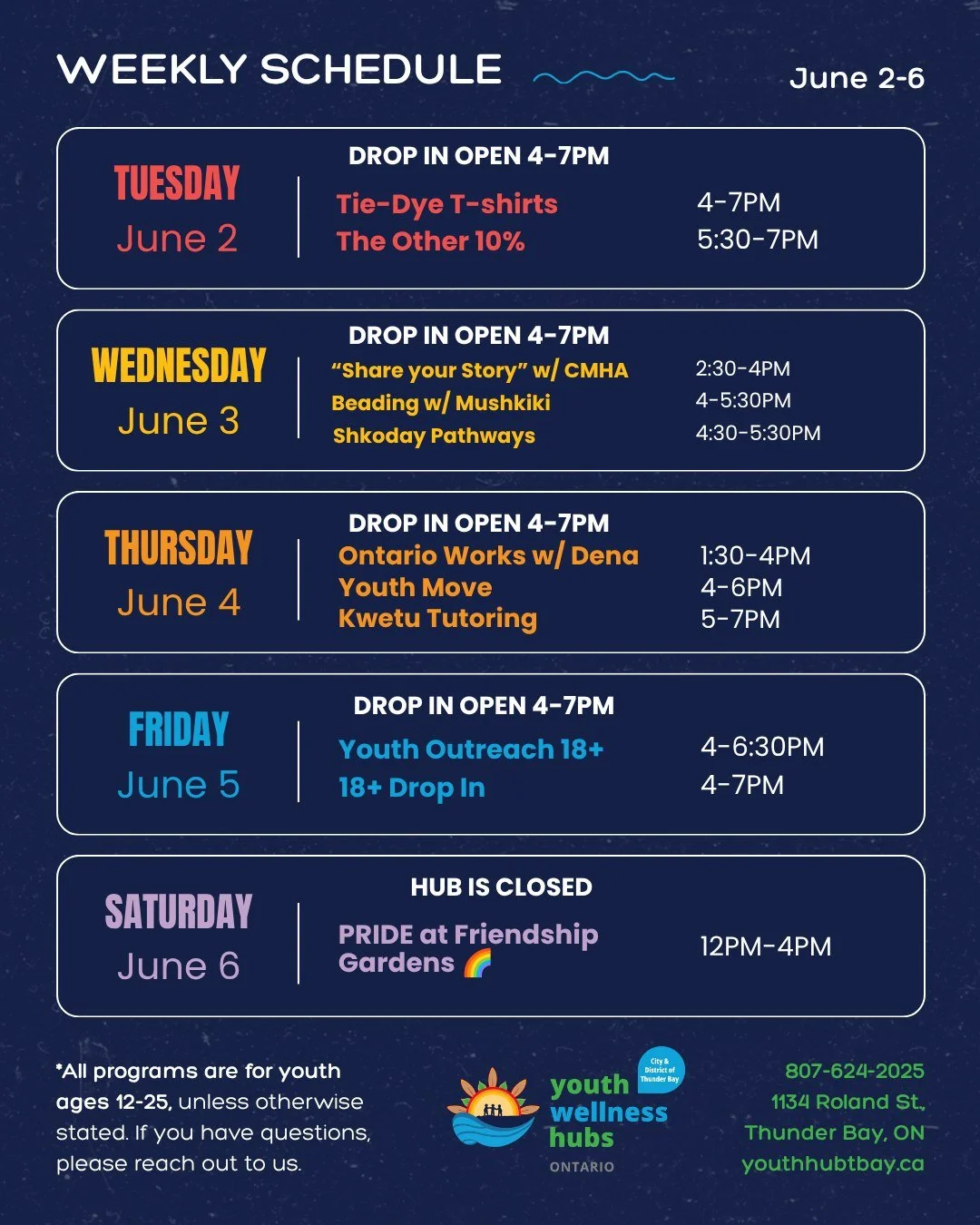 A new week of support and connection is here as we welcome in Pride Month 🏳️&zwj;🌈✨
Swipe to see what&rsquo;s on the calendar this week!

Our Quiet Hours + Independent Study are from 1-4PM Tues-Fri. Counselling, peer support &amp; care navigation s