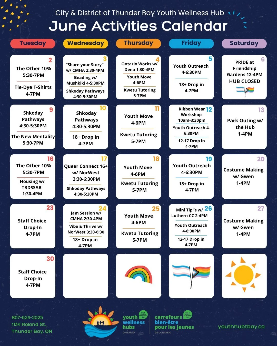 Hello June! Hello Pride Month!! Fresh energy and new opportunities at the City &amp; District of Thunder Bay Youth Wellness Hub. Join us as we build connection, confidence, and community together 🏳️&zwj;🌈✨
👉 Swipe left to see our Clinical Calendar