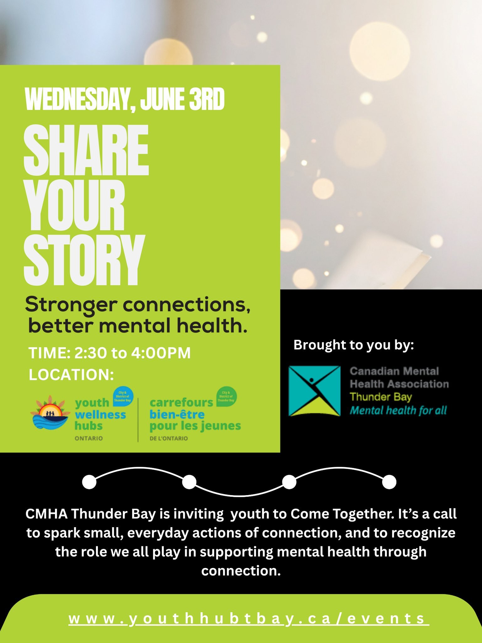 Join us THIS Wednesday June 3rd from 2:30-4PM at the Hub (1134 Roland St) for this special mental health event with @cmha_tbay ! Youth ages 12&ndash;25 are invited to reflect, connect, and share their experiences in a welcoming space that celebrates 