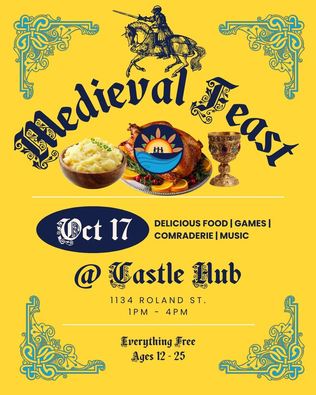 Did you miss the medieval faire last weekend, or enjoyed it and want another round? 

Well, THIS Saturday from 1PM - 4PM the Youth Wellness Hub is hosting our own 
⋆༺𓆩⚔𓆪༻⋆ Medieval Feast ⋆༺𓆩⚔𓆪༻⋆ 

You can expect a delicious meal and festivities i