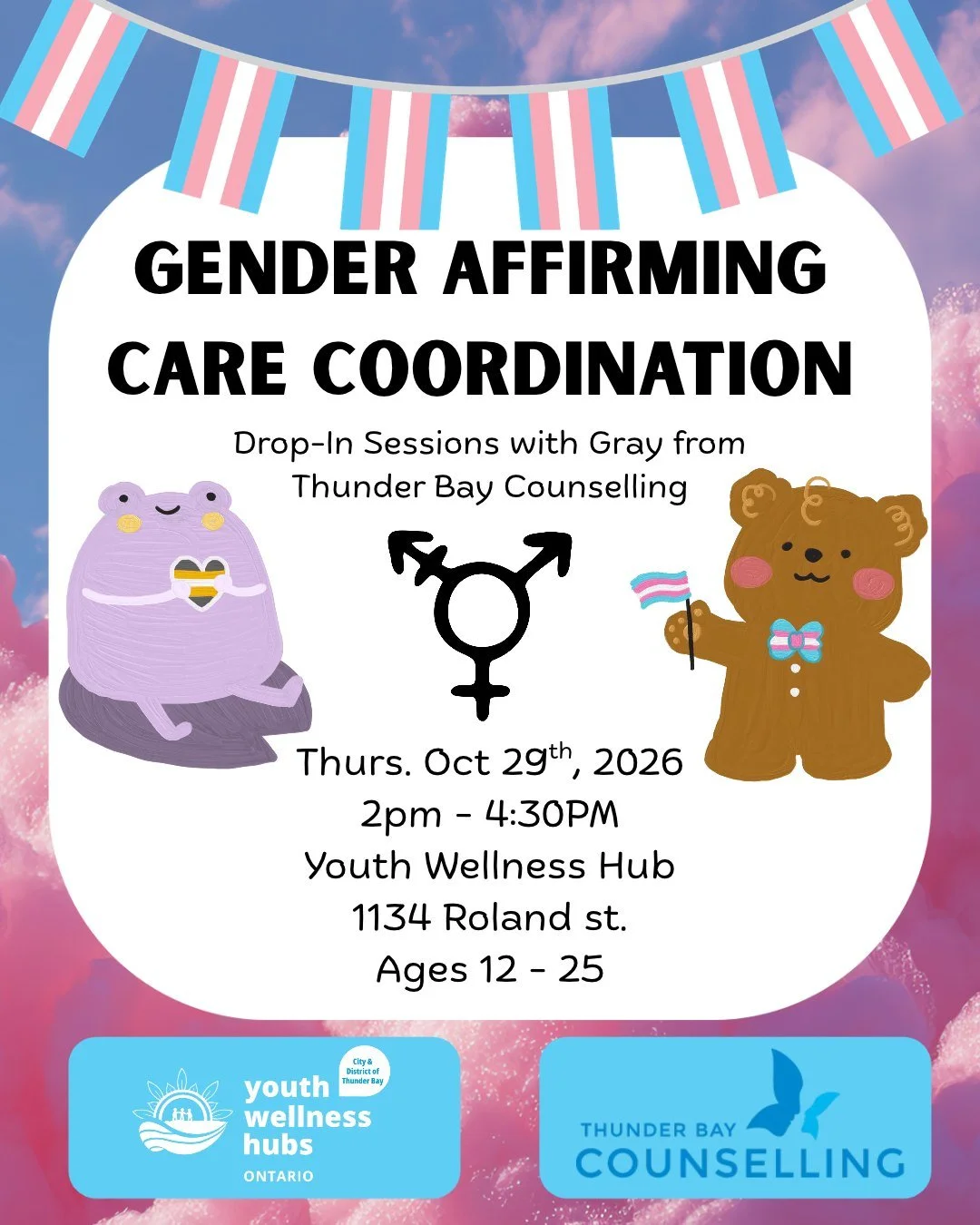Gray from @tbaycounselling will be joining us once again to answer your questions about Gender Affirming Care in Thunder Bay. From hormone replacement therapy to voice training, Gray can help you get set up with the care you need. 

Questions? Give u