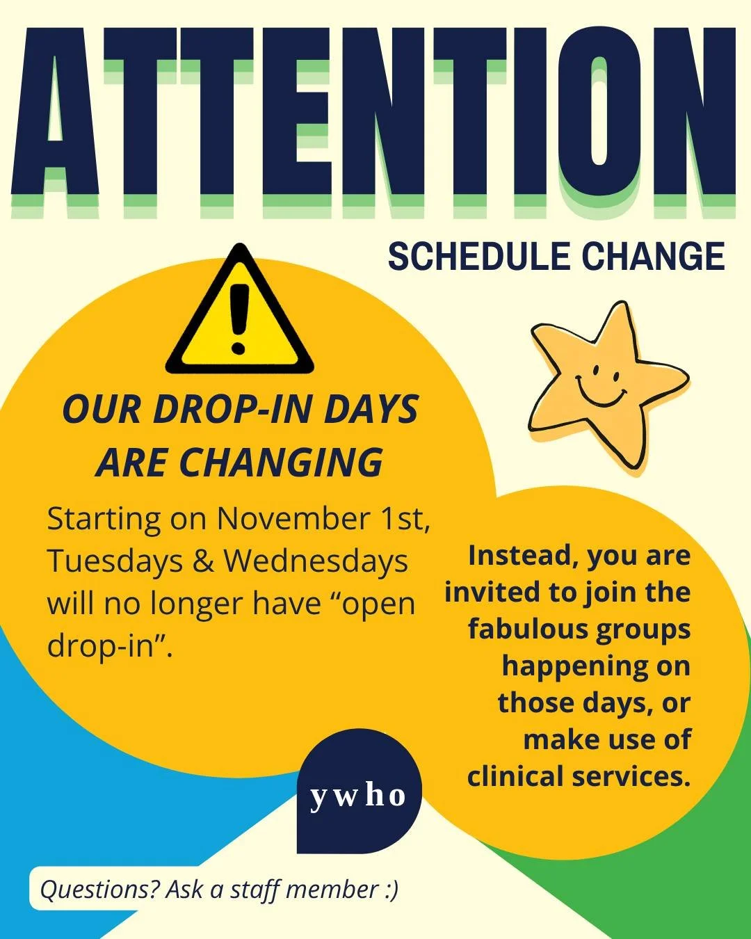 Heads up, in November our drop-in hours will be changing significantly. Tuesdays &amp; Wednesdays will now be only for groups (as our Hub has been getting busier and busier!). As well, open drop-in will start later on Thursdays at 4pm. 

Anyone can j