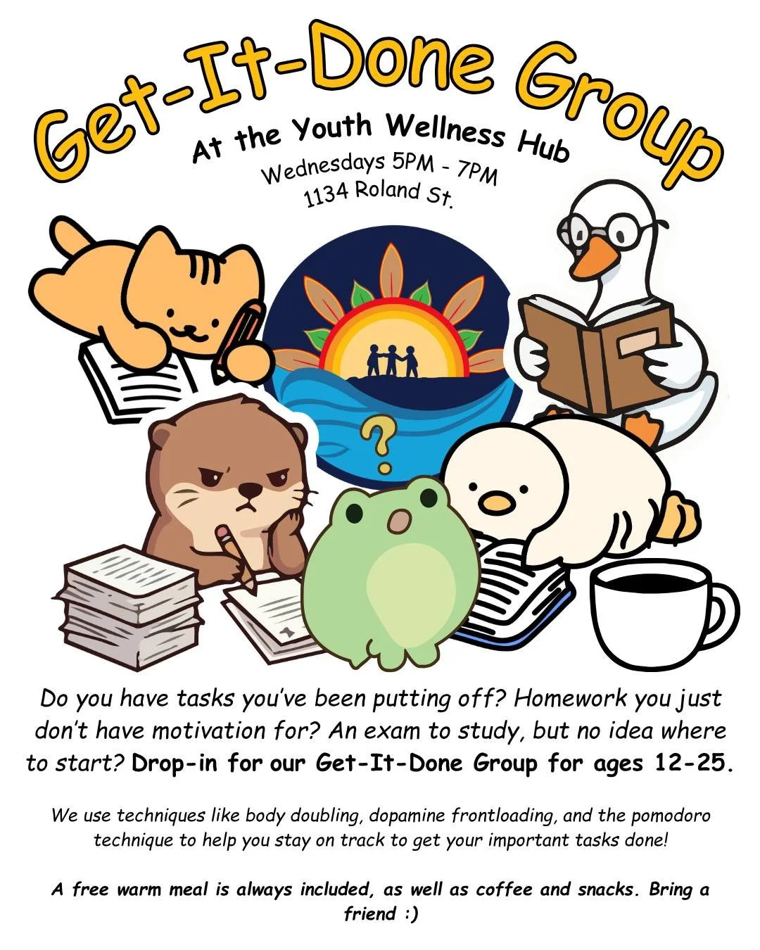 Wednesdays this month we will have Get-It-Done Group, a focused space to tackle all those tasks you've been putting off. 

From homework to applications to personal development, we'll support you by using techniques such as body doubling, dopamine fr