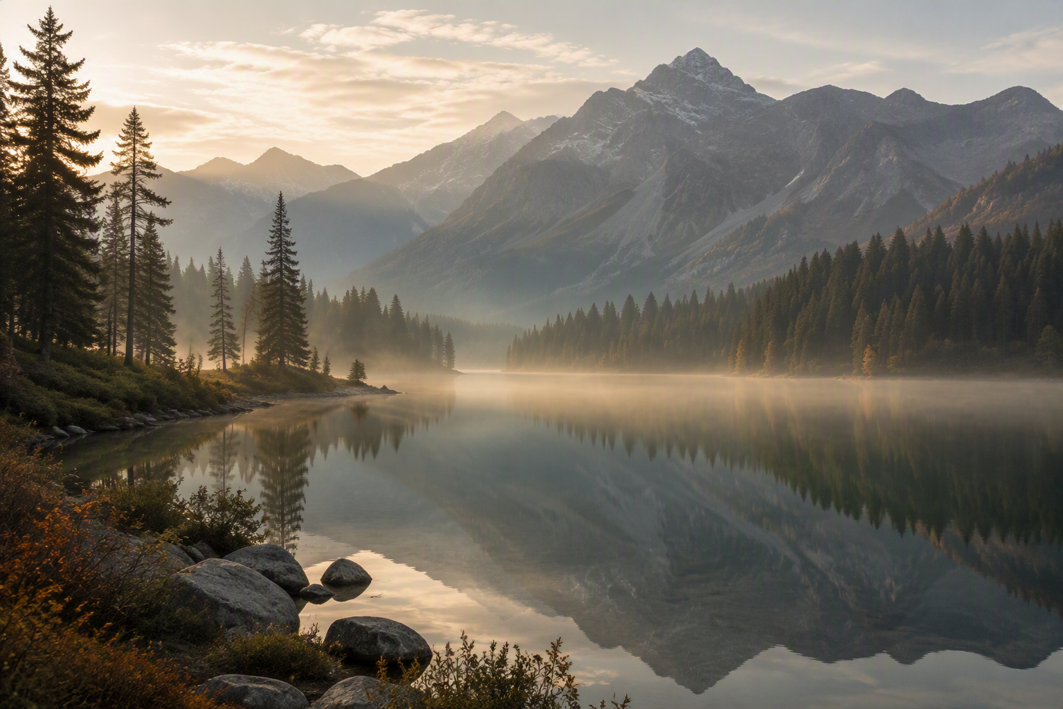 A misty lake in front of a mountain range at sunrise.