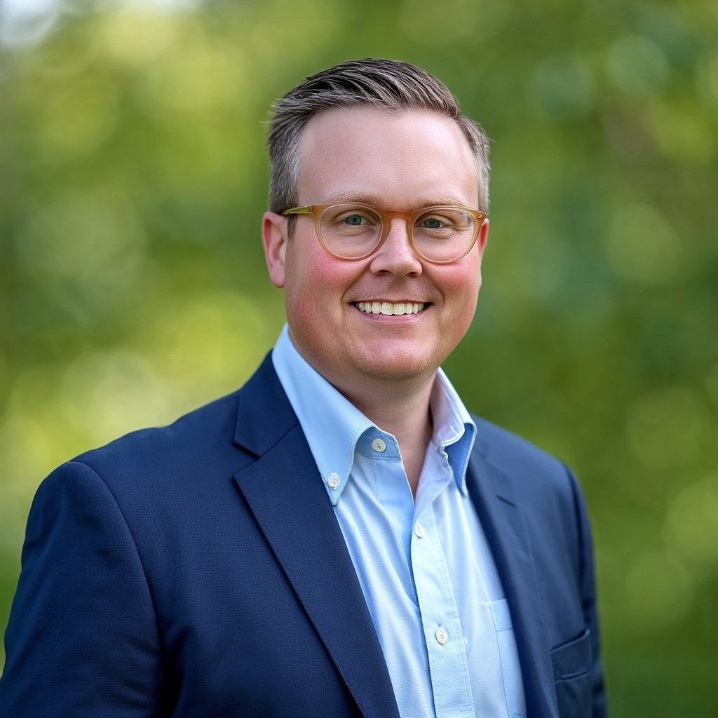 A smiling man wearing glasses, a blue blazer, and a light blue shirt outdoors with blurred greenery in the background.