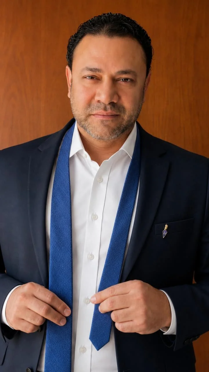 Hombre con traje oscuro, camisa blanca y corbata azul, ajustando la corbata, con fondo de pared de madera.