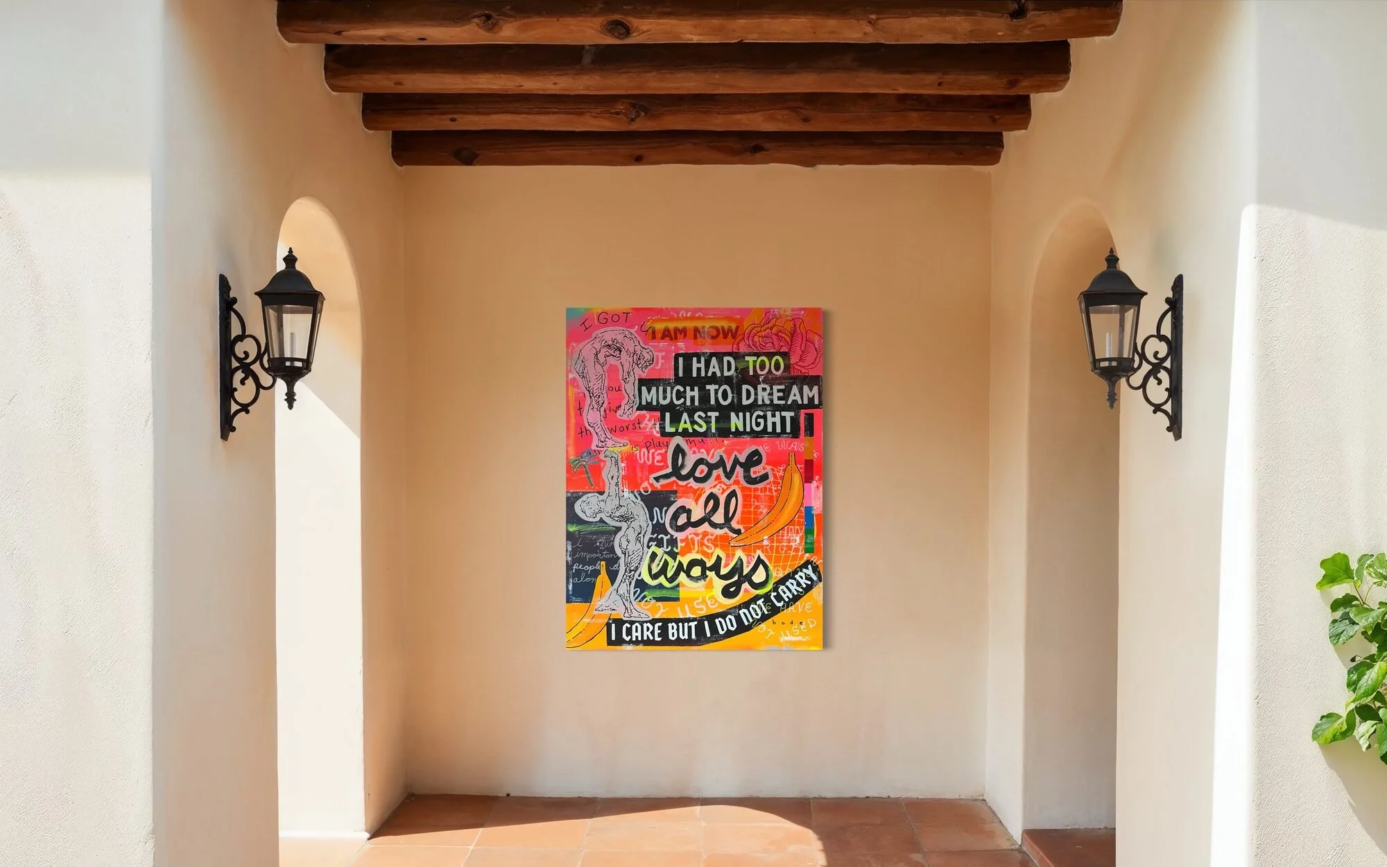 Large Bode Robinson painting hung in a Spanish style home