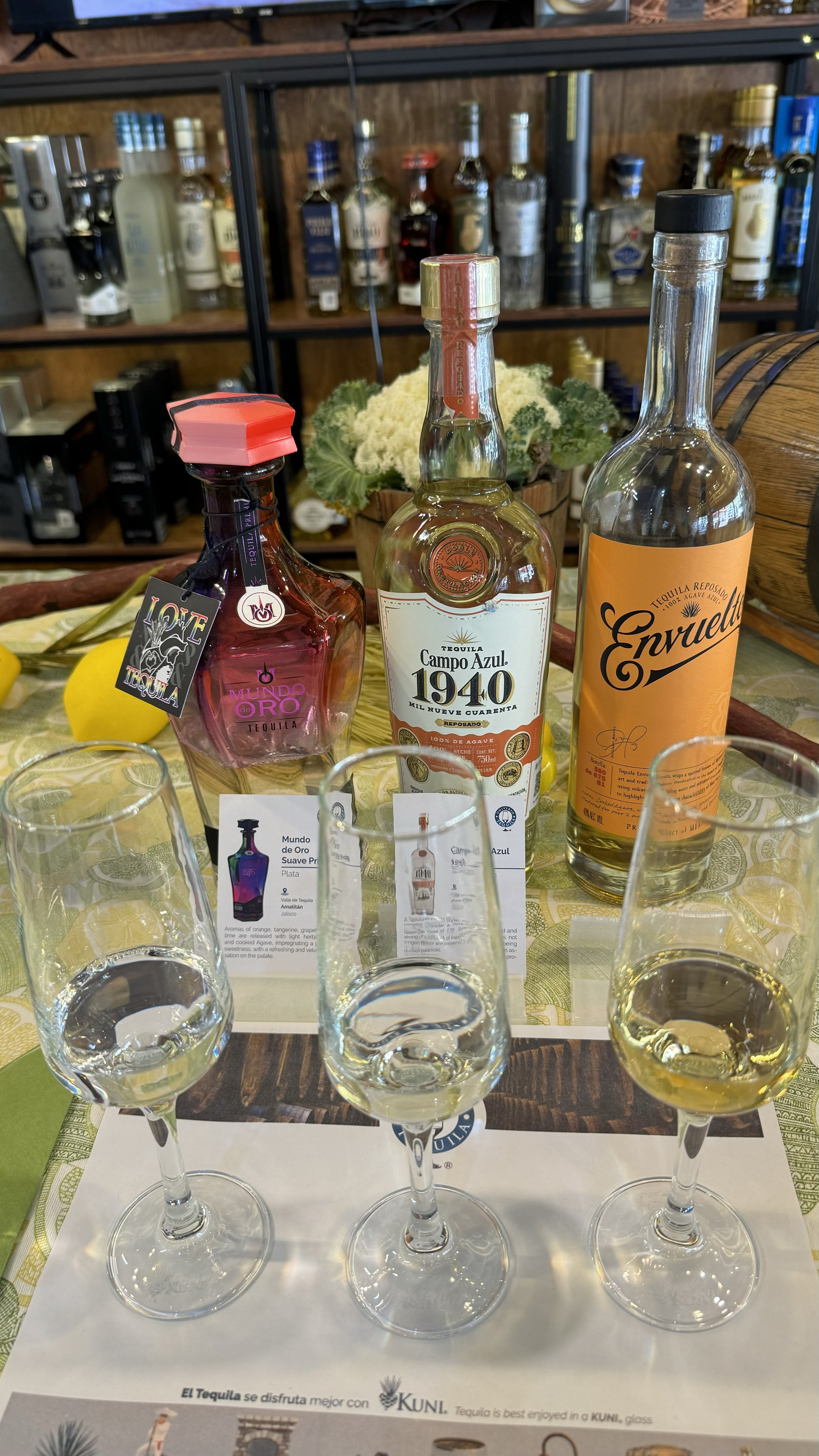 Three glasses of tequila, each with a different kind of tequila bottle behind them, on a table with promotional cards and a colorful tablecloth. The background shows a bar with various bottles of alcohol.