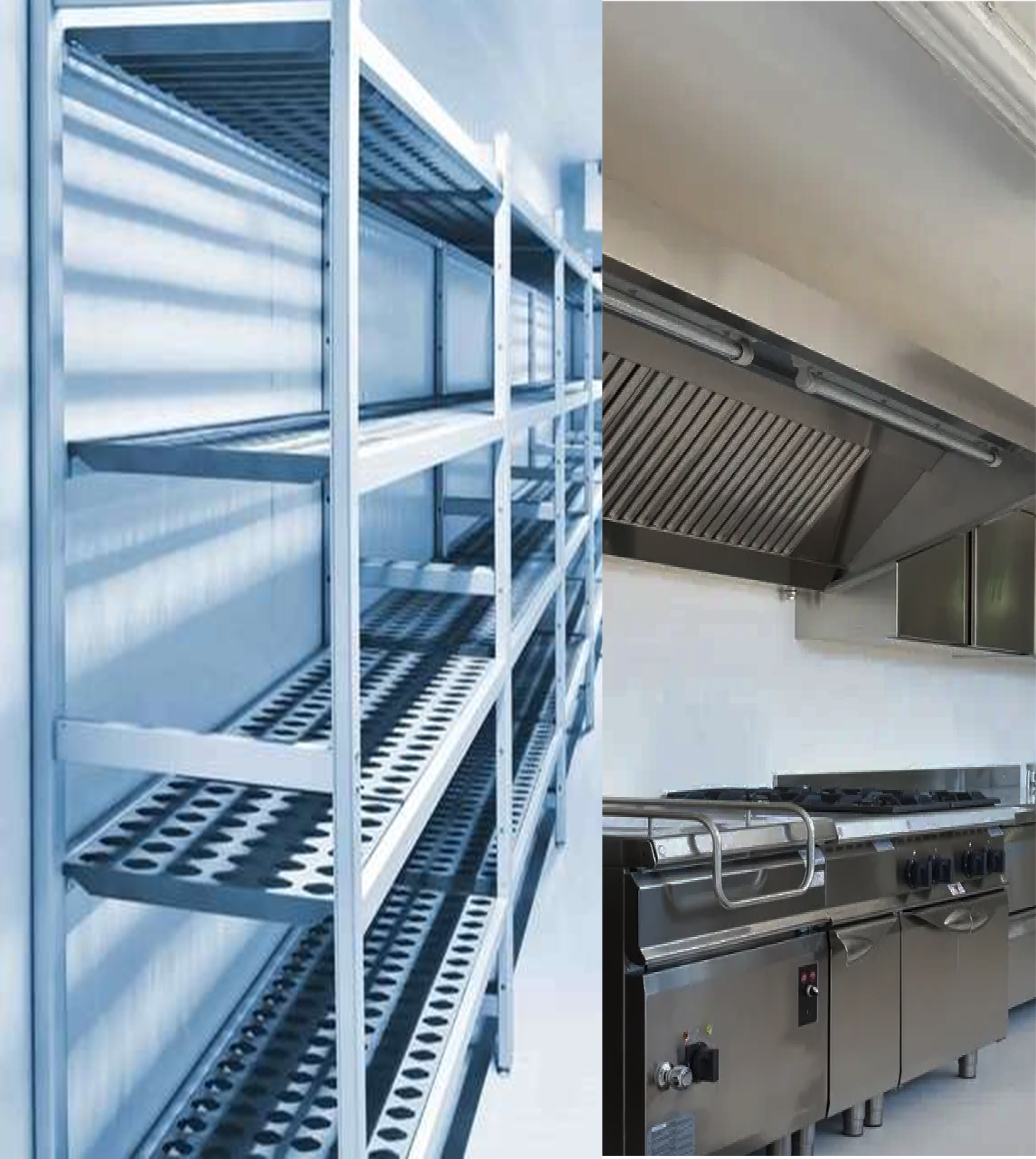 Empty metal shelving unit on the left and stainless steel commercial kitchen appliances, including a stove and range hood, on the right.