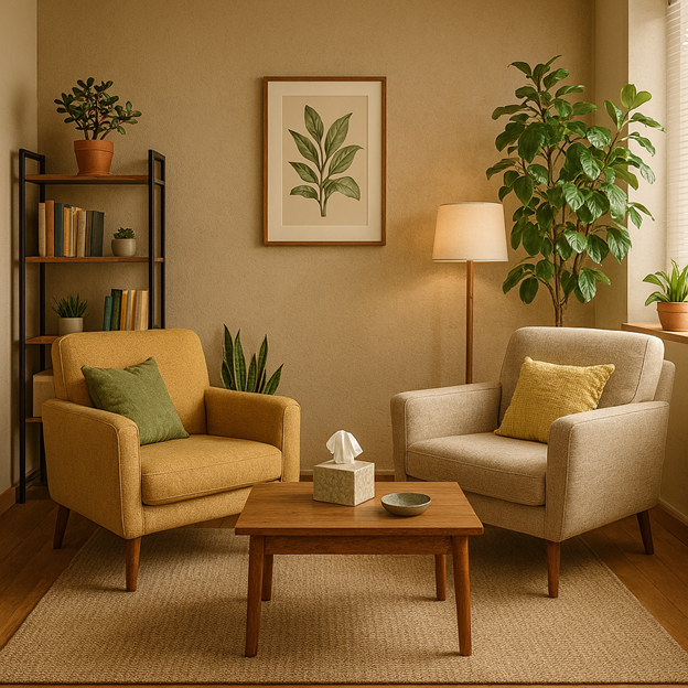 Cozy living room with two armchairs, one mustard yellow and one cream, each with a pillow. A wooden coffee table with a tissue box and a small bowl. Several potted plants and framed botanical art on the wall. Warm lighting from a floor lamp, natural light from a window, and a neutral area rug.