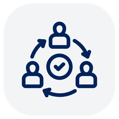 Icon of three people connected in a circle with arrows, surrounding a checkmark, representing teamwork or collaboration.
