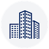 Icon of three tall office buildings in shades of blue