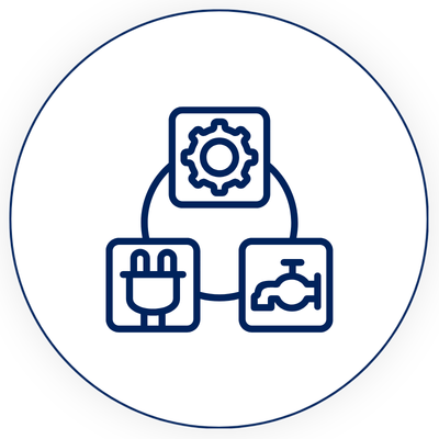 Icon representing settings, electrical plug, and faucet connected to a gear, inside a circle.