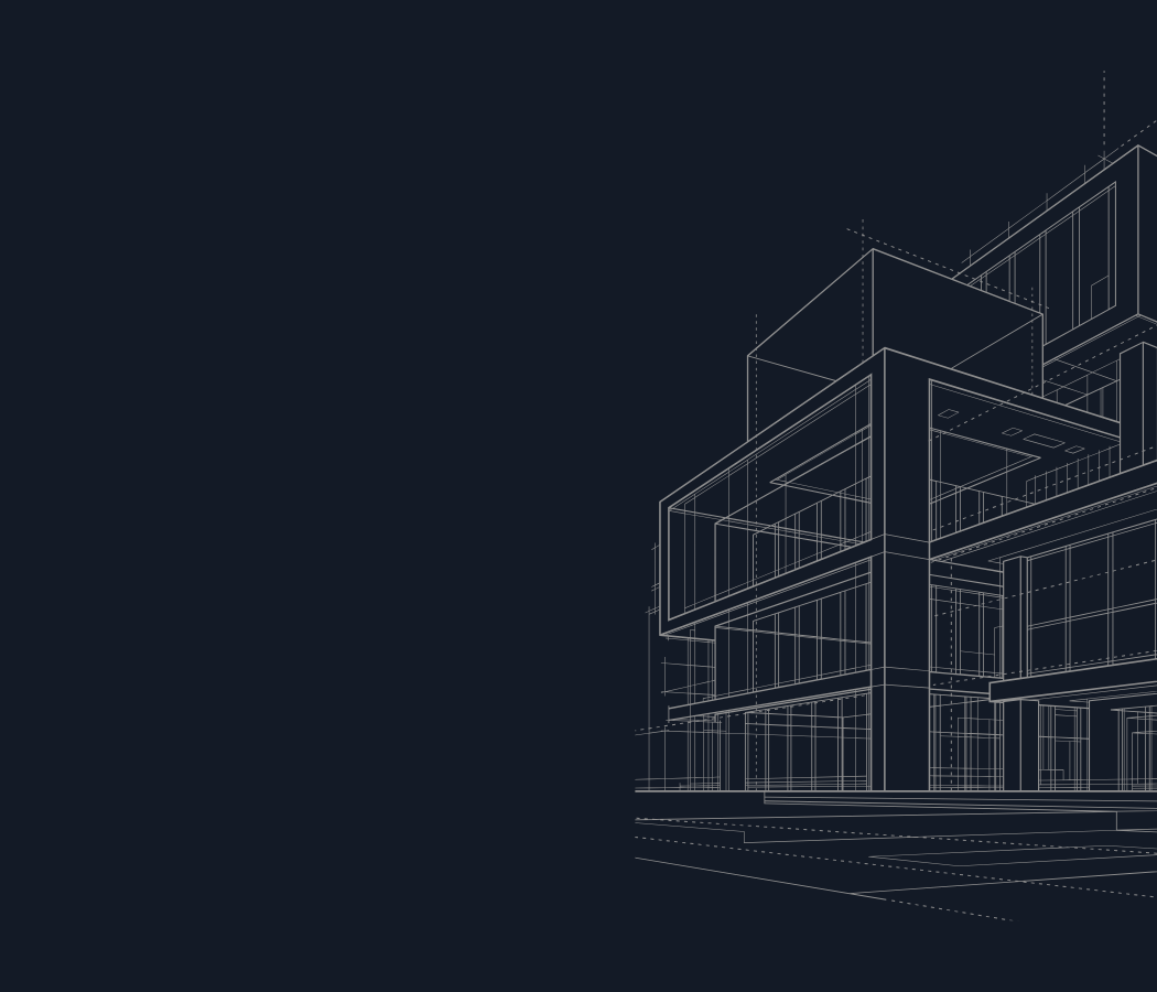 Architectural blueprint drawing of a modern multi-story building with large windows and balconies.