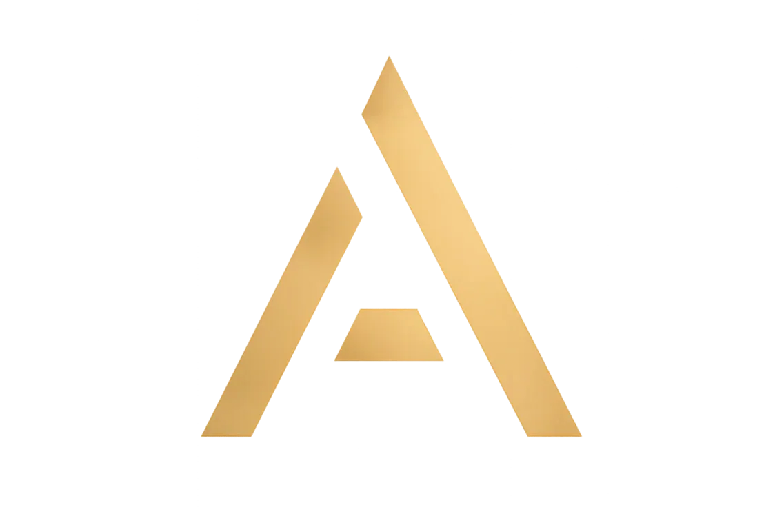 Gold-colored geometric letter A with three separate parts arranged to form the letter