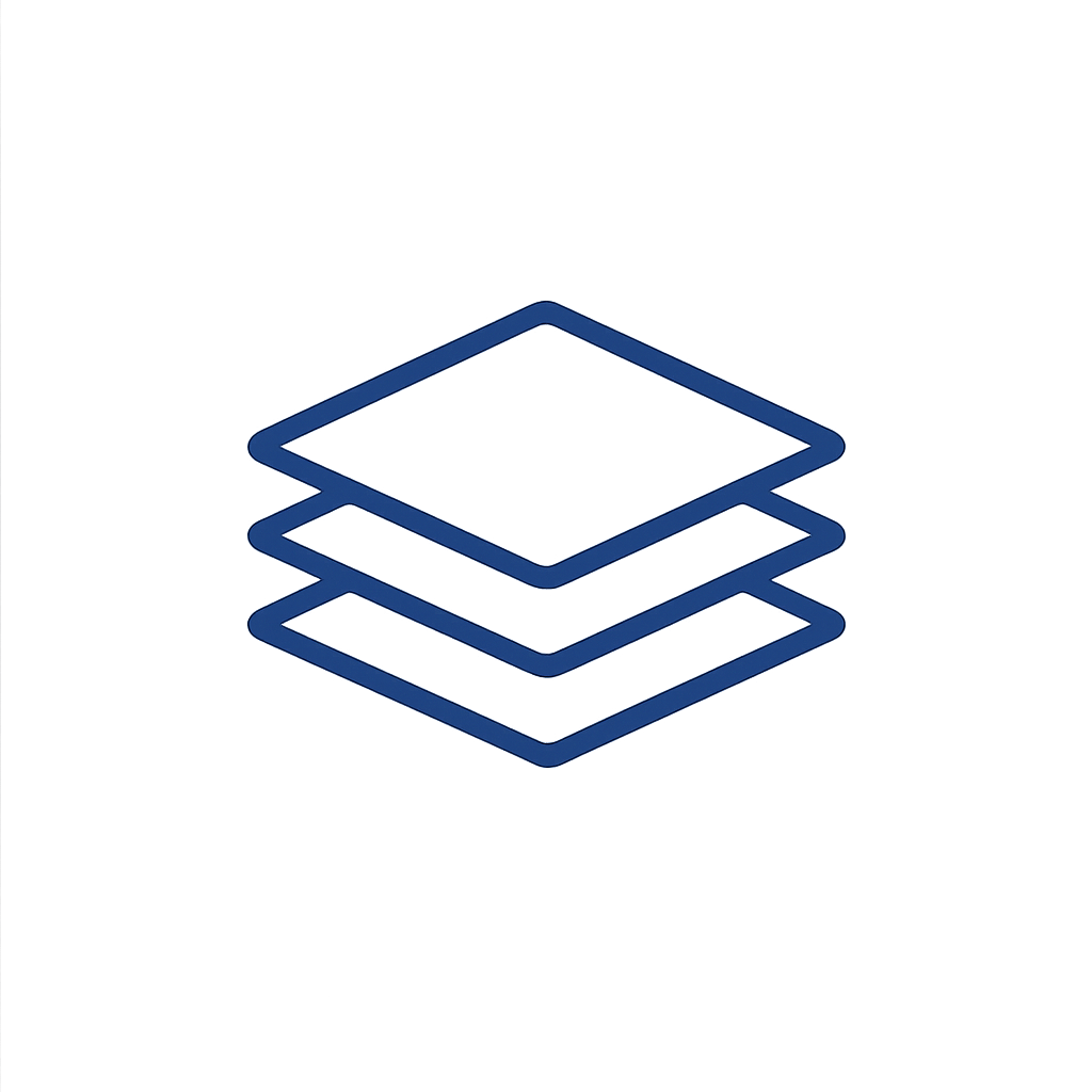 Isometric illustration of layered digital interface screens in blue, floating above a hand icon.