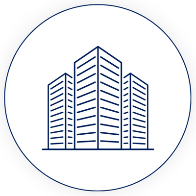 Line drawing of three tall office buildings with vertical and horizontal lines representing windows, enclosed in a circle.