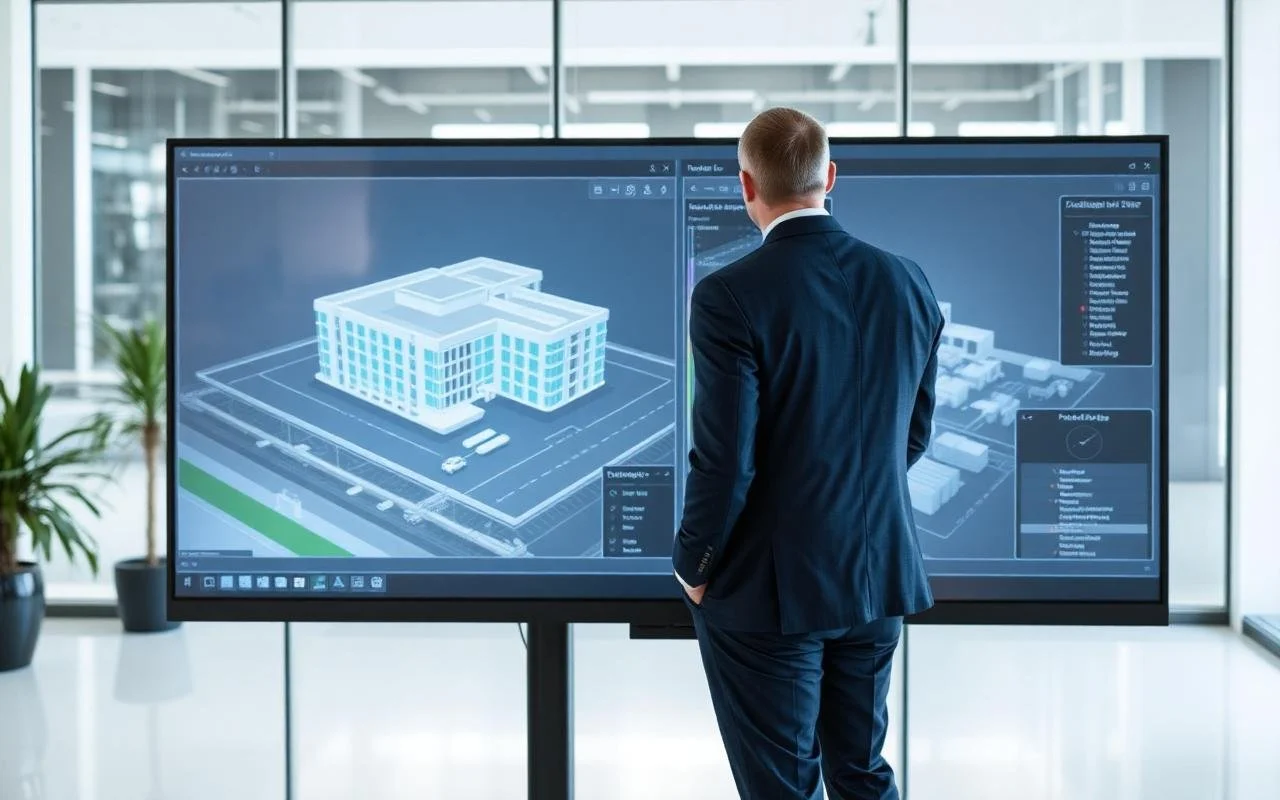 A man in a dark business suit looks at a large digital architectural model of a building on a screen in a modern office.