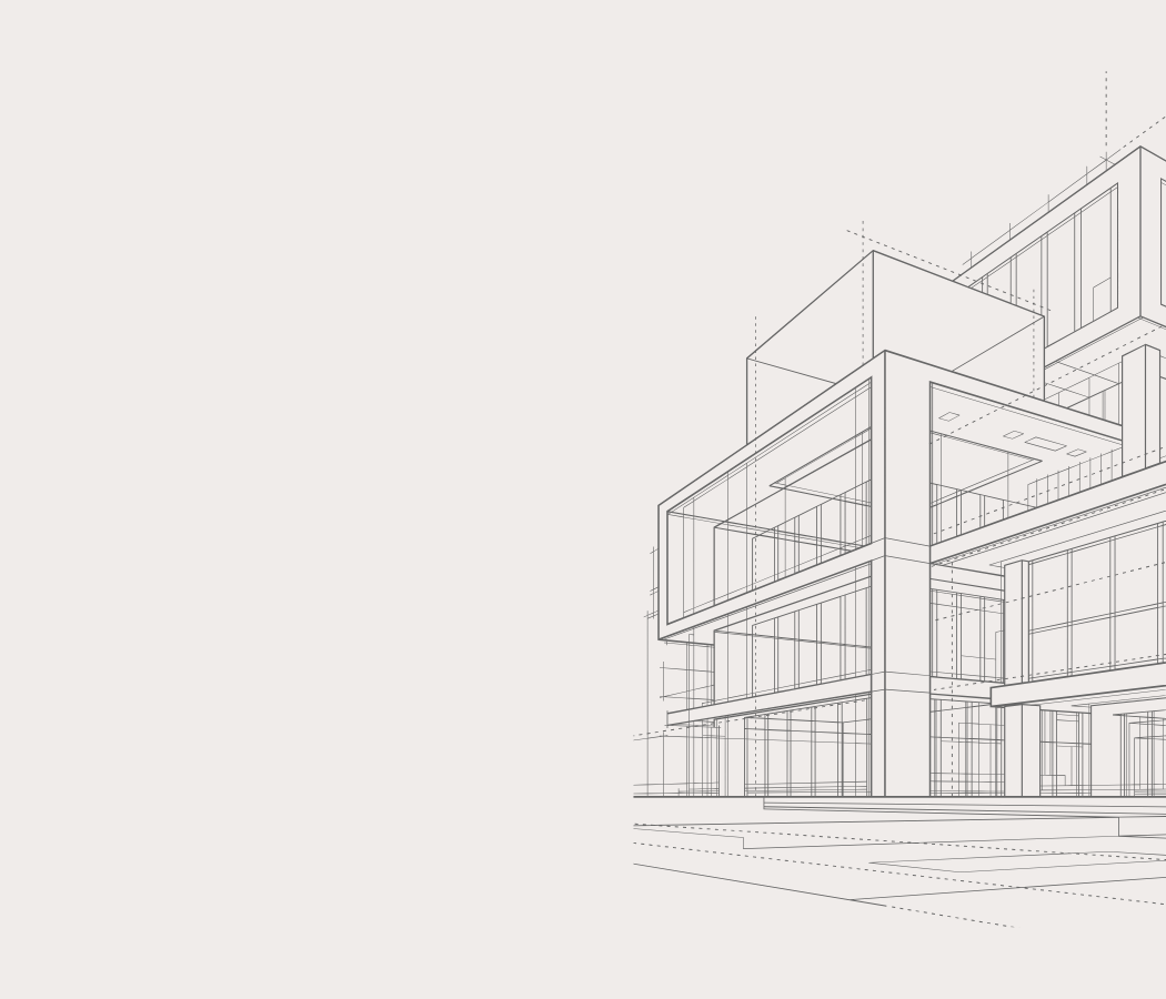 A digital line drawing of a modern multi-story building with large glass windows and balconies.